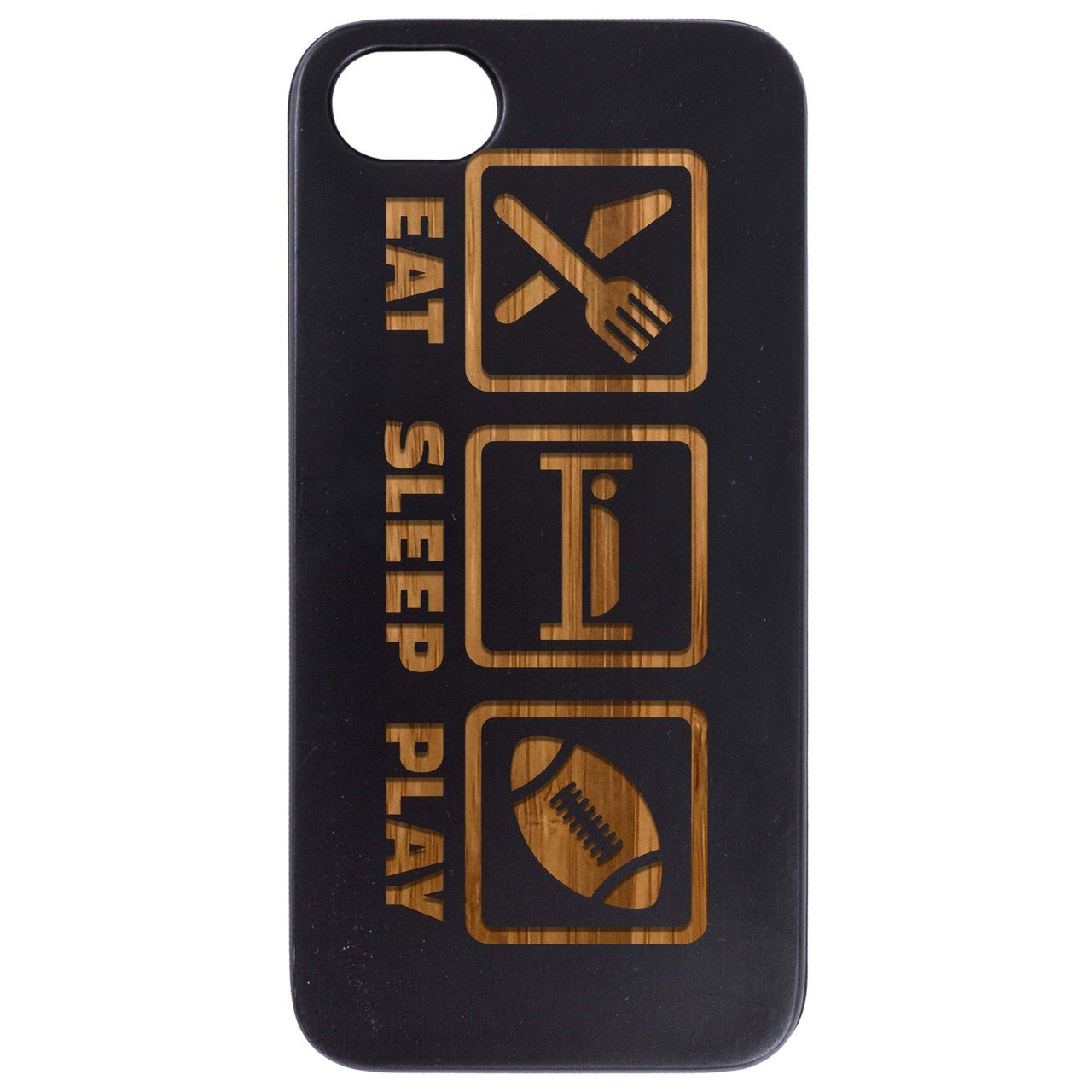 Eat Sleep Play Engraved wooden phone case showcasing unique laser-engraved design and durable construction.