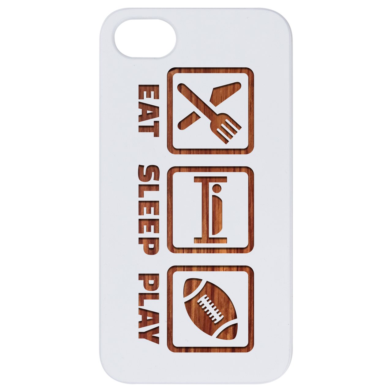 Eat Sleep Play Engraved wooden phone case showcasing unique laser-engraved design and durable construction.