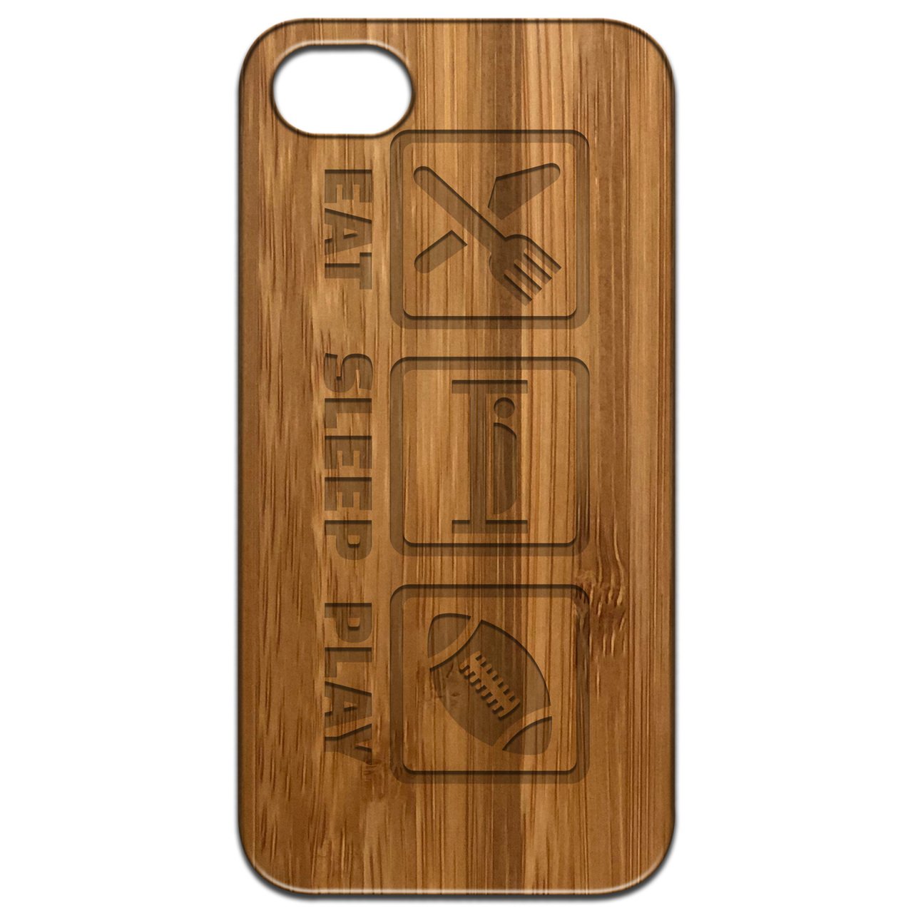 Eat Sleep Play Engraved wooden phone case showcasing unique laser-engraved design and durable construction.