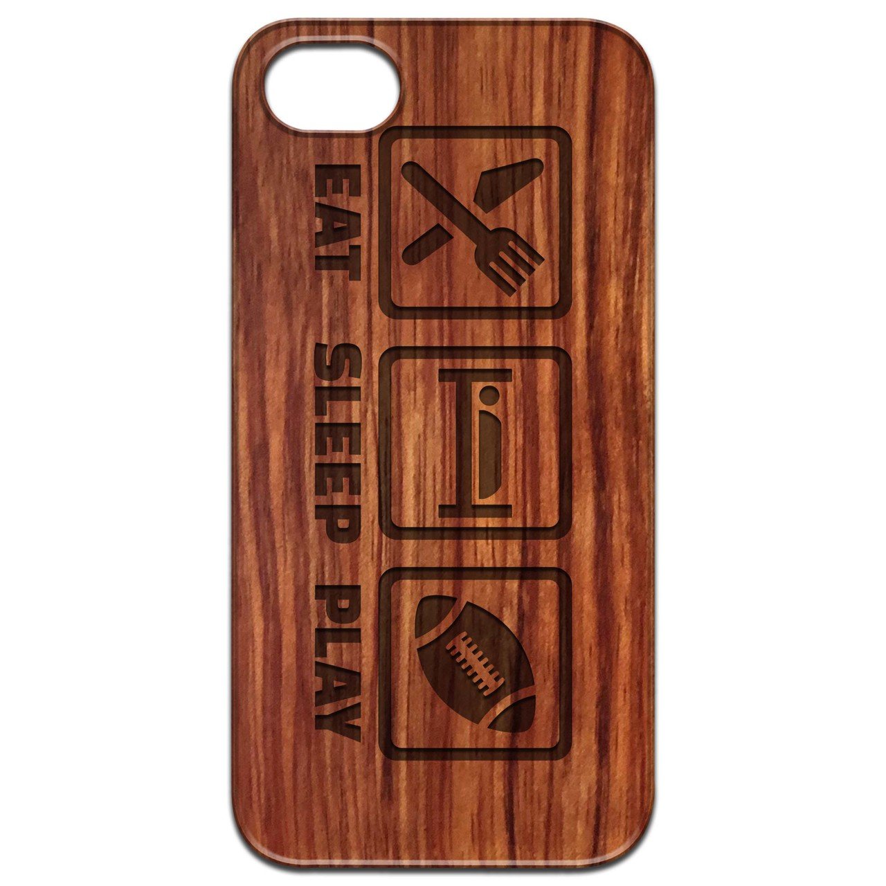 Eat Sleep Play Engraved wooden phone case showcasing unique laser-engraved design and durable construction.