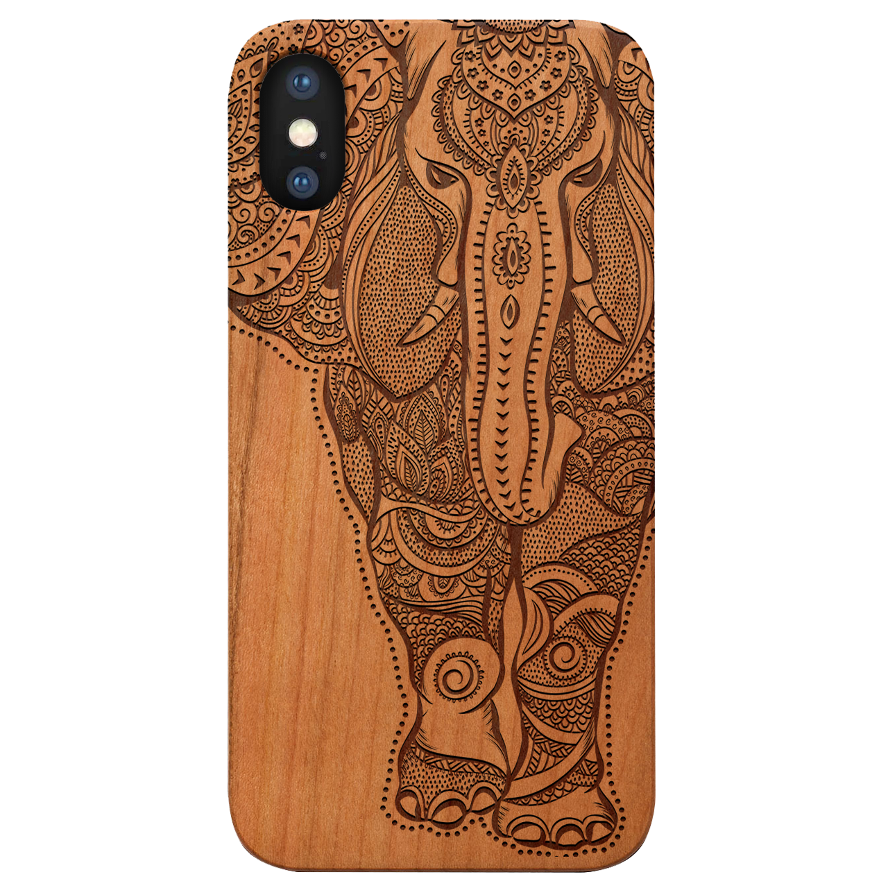 Elephant 2 - Engraved wooden phone case showcasing intricate laser-engraved designs and natural wood finish.