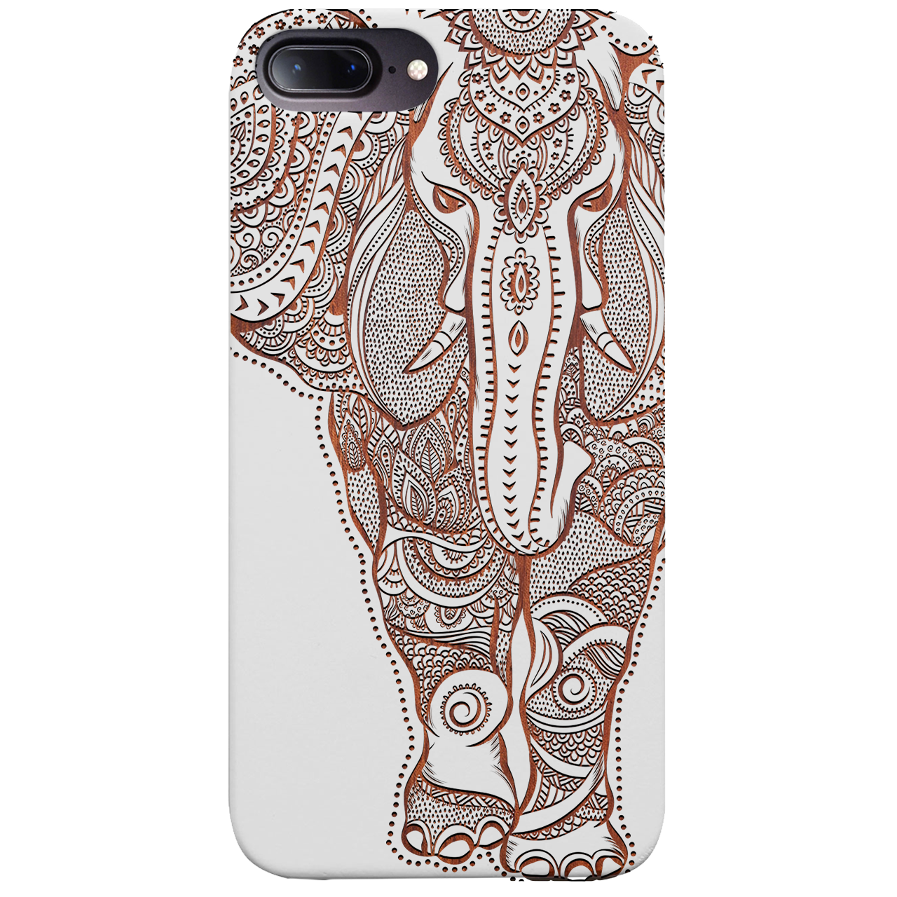 Elephant 2 - Engraved wooden phone case showcasing intricate laser-engraved designs and natural wood finish.