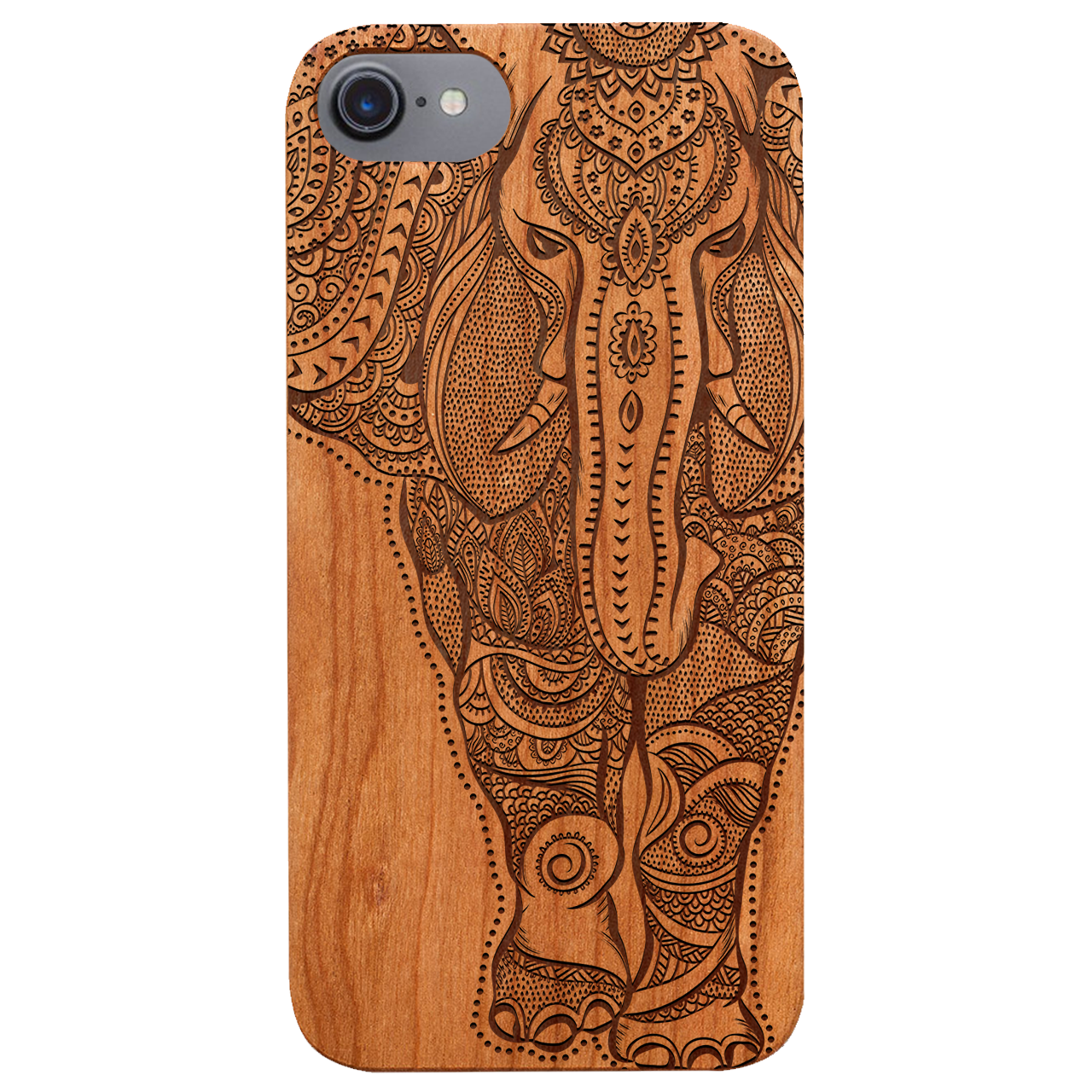 Elephant 2 - Engraved wooden phone case showcasing intricate laser-engraved designs and natural wood finish.