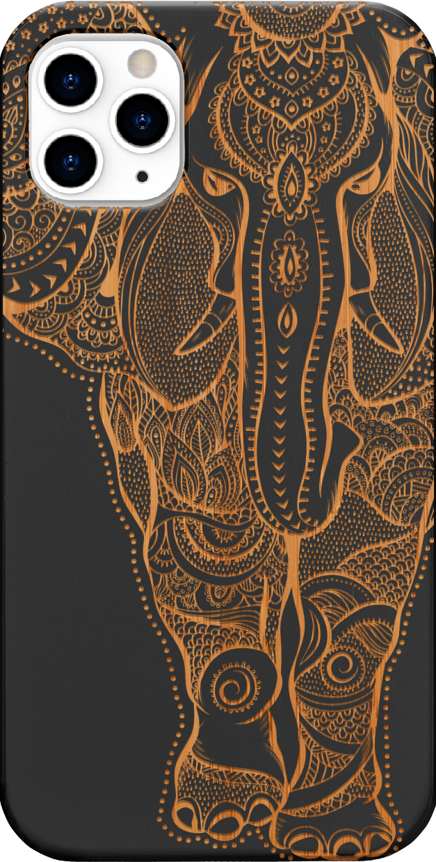Elephant 2 - Engraved wooden phone case showcasing intricate laser-engraved designs and natural wood finish.