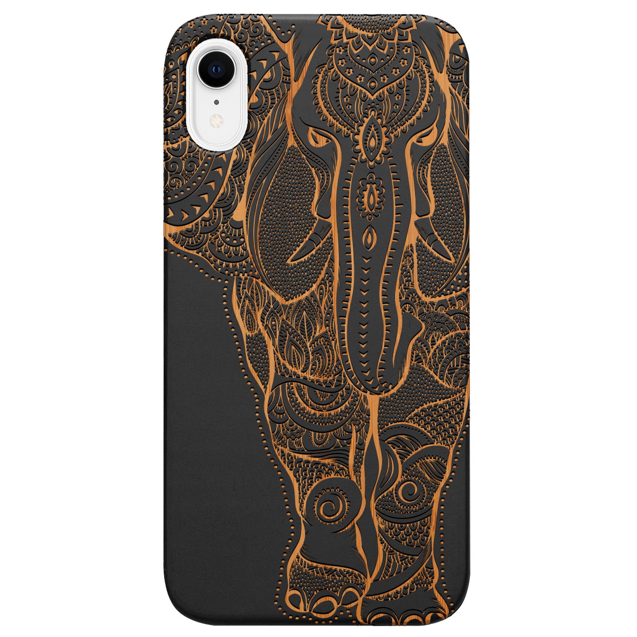 Elephant 2 - Engraved wooden phone case showcasing intricate laser-engraved designs and natural wood finish.