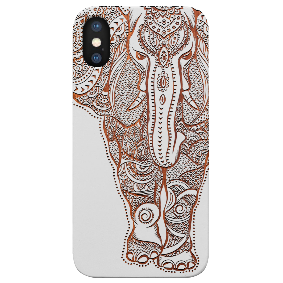 Elephant 2 - Engraved wooden phone case showcasing intricate laser-engraved designs and natural wood finish.