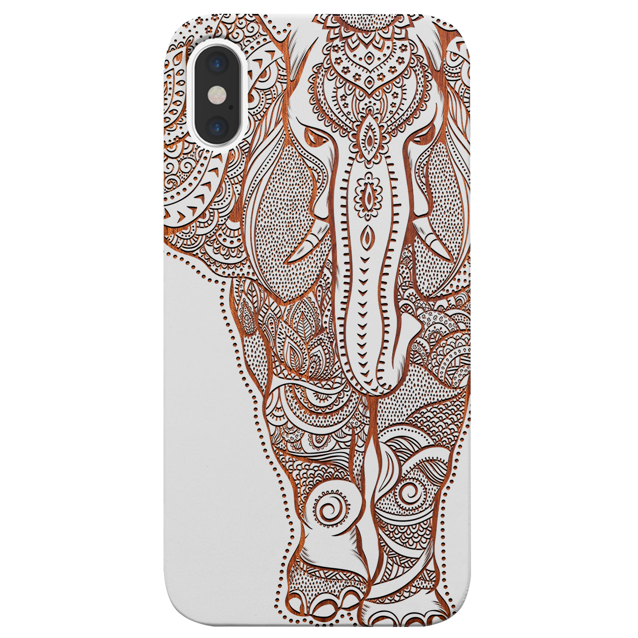 Elephant 2 - Engraved wooden phone case showcasing intricate laser-engraved designs and natural wood finish.