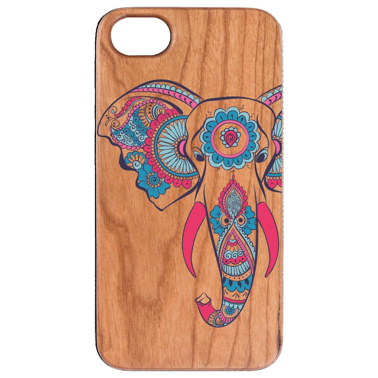 Elephant Head 2 phone case featuring UV color print on a natural wood surface, showcasing its unique design and protective features.