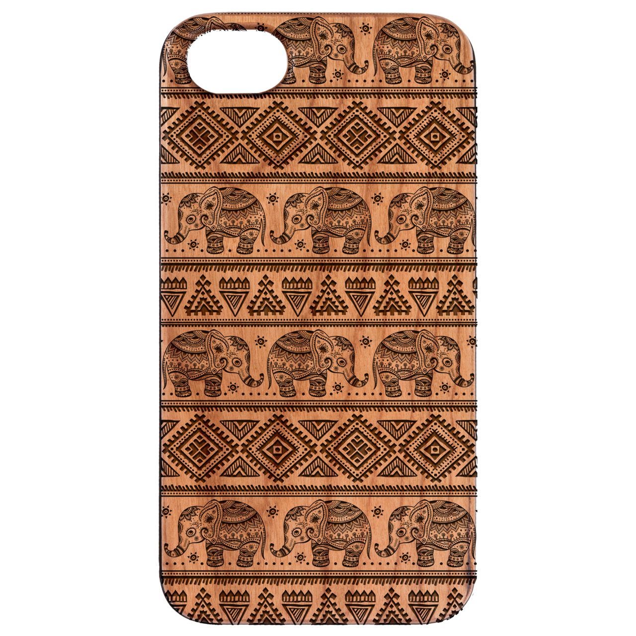 Elephant Pattern - Engraved wooden phone case showcasing intricate design and durable construction.