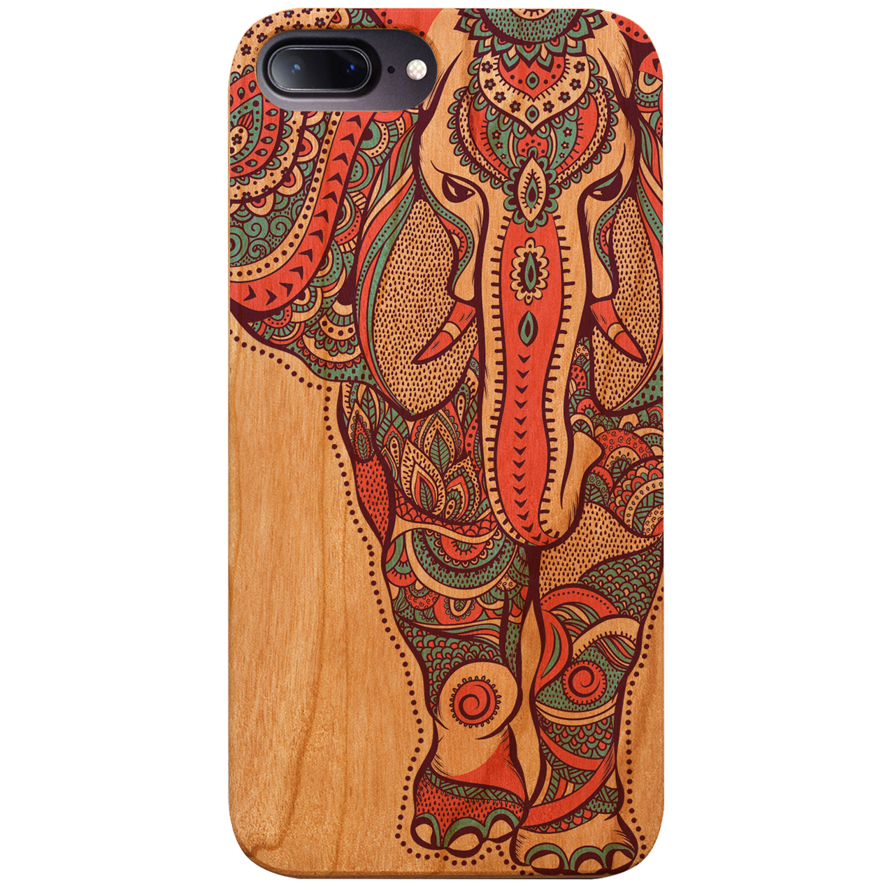 Elephant UV Color Printed phone case showcasing vibrant designs on a natural wood surface with enhanced rubber bumper.