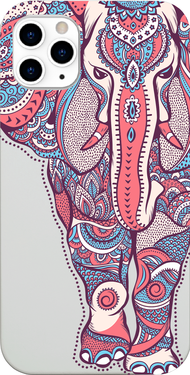 Elephant UV Color Printed phone case showcasing vibrant designs on a natural wood surface with enhanced rubber bumper.