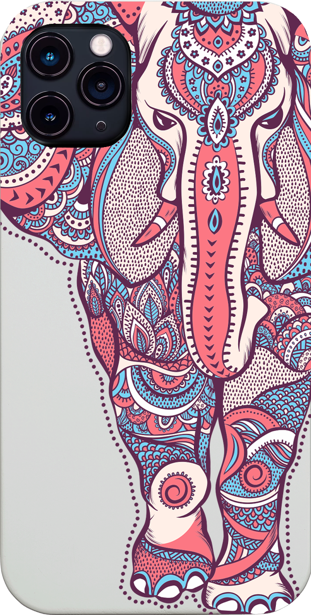 Elephant UV Color Printed phone case showcasing vibrant designs on a natural wood surface with enhanced rubber bumper.