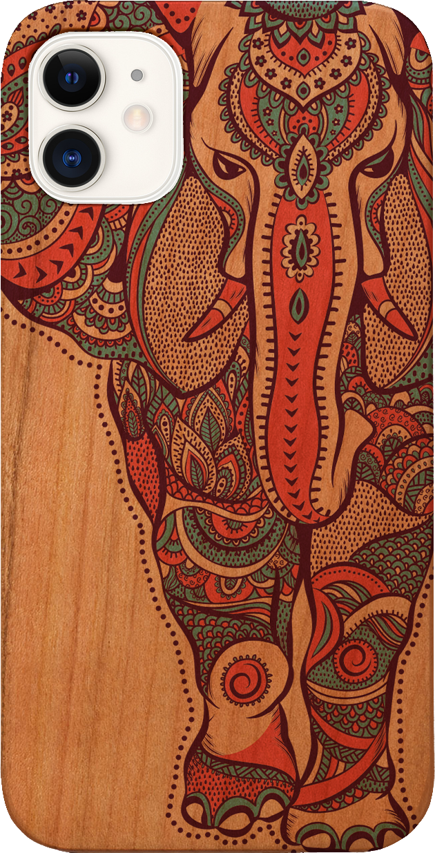Elephant UV Color Printed phone case showcasing vibrant designs on a natural wood surface with enhanced rubber bumper.