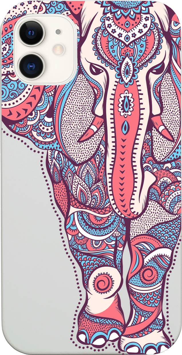 Elephant UV Color Printed phone case showcasing vibrant designs on a natural wood surface with enhanced rubber bumper.