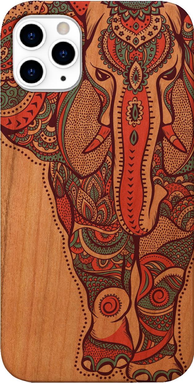 Elephant UV Color Printed phone case showcasing vibrant designs on a natural wood surface with enhanced rubber bumper.