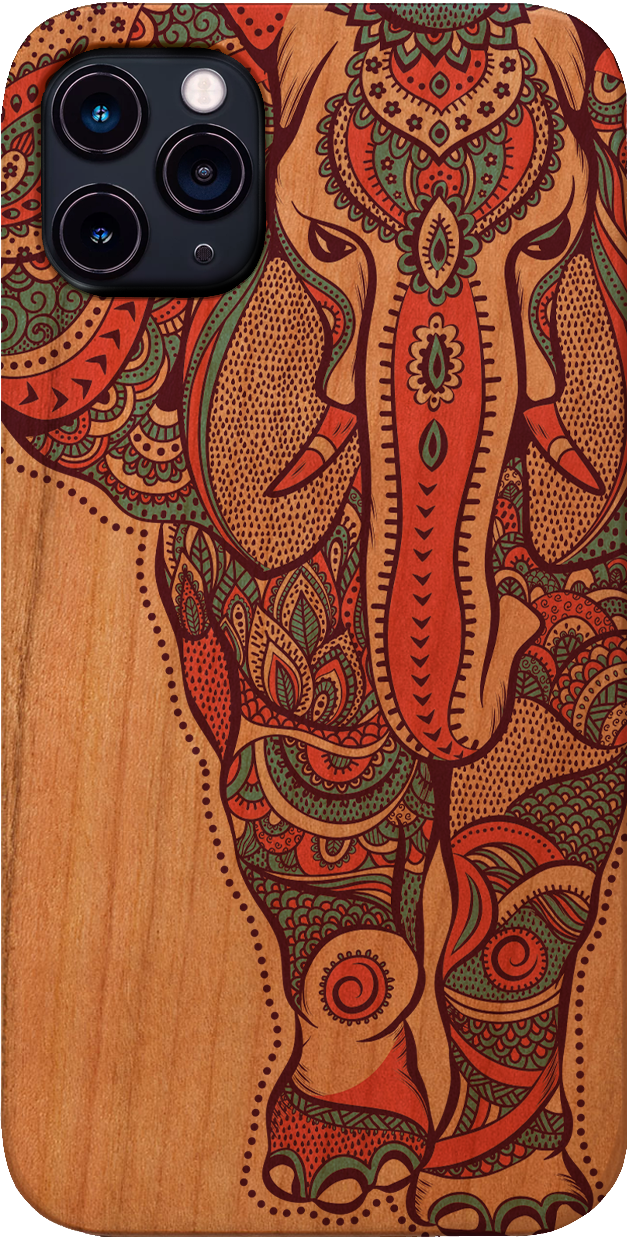 Elephant UV Color Printed phone case showcasing vibrant designs on a natural wood surface with enhanced rubber bumper.