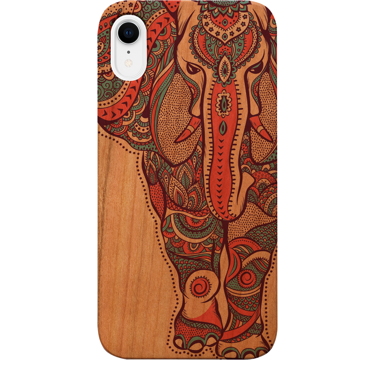 Elephant UV Color Printed phone case showcasing vibrant designs on a natural wood surface with enhanced rubber bumper.