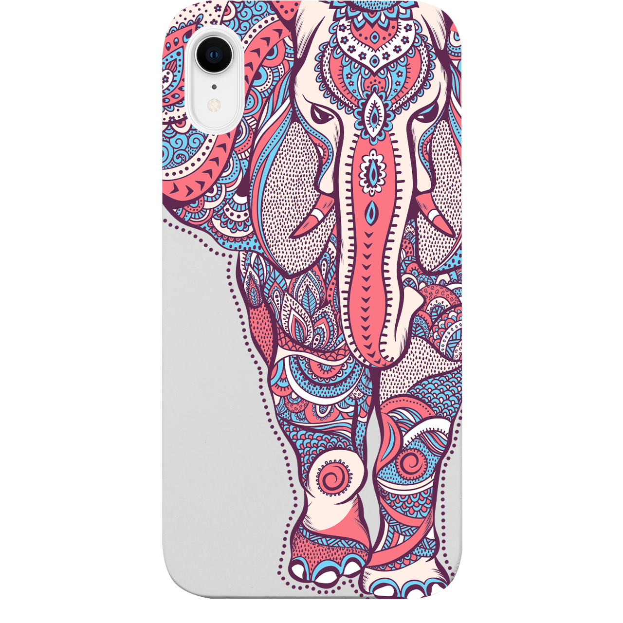 Elephant UV Color Printed phone case showcasing vibrant designs on a natural wood surface with enhanced rubber bumper.