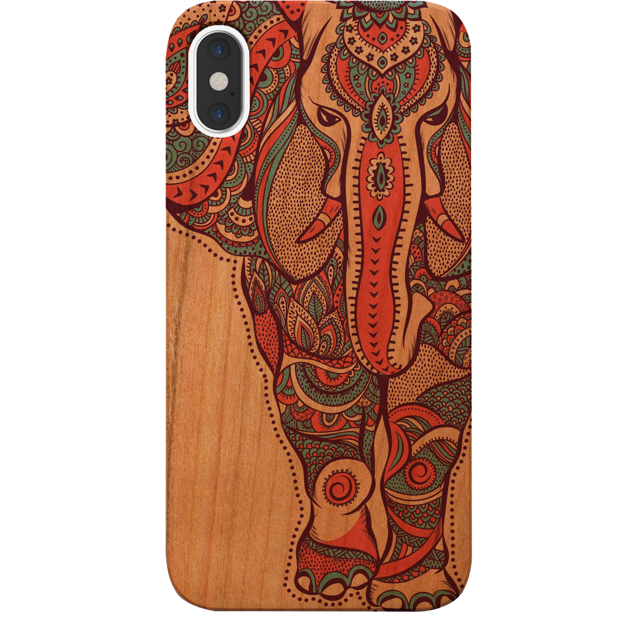 Elephant UV Color Printed phone case showcasing vibrant designs on a natural wood surface with enhanced rubber bumper.