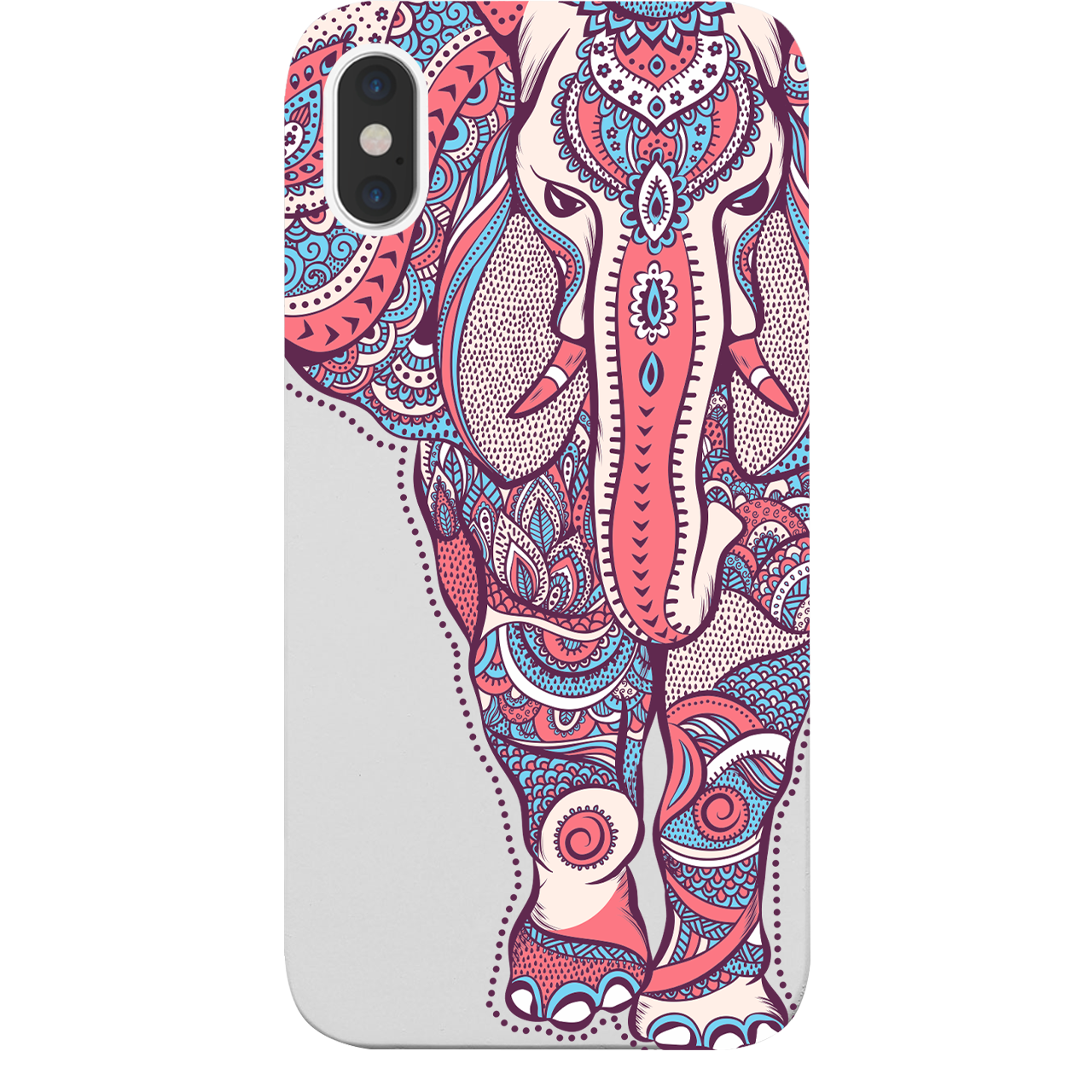 Elephant UV Color Printed phone case showcasing vibrant designs on a natural wood surface with enhanced rubber bumper.