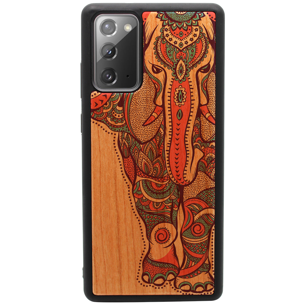 Elephant UV Color Printed phone case showcasing vibrant designs on a natural wood surface with enhanced rubber bumper.