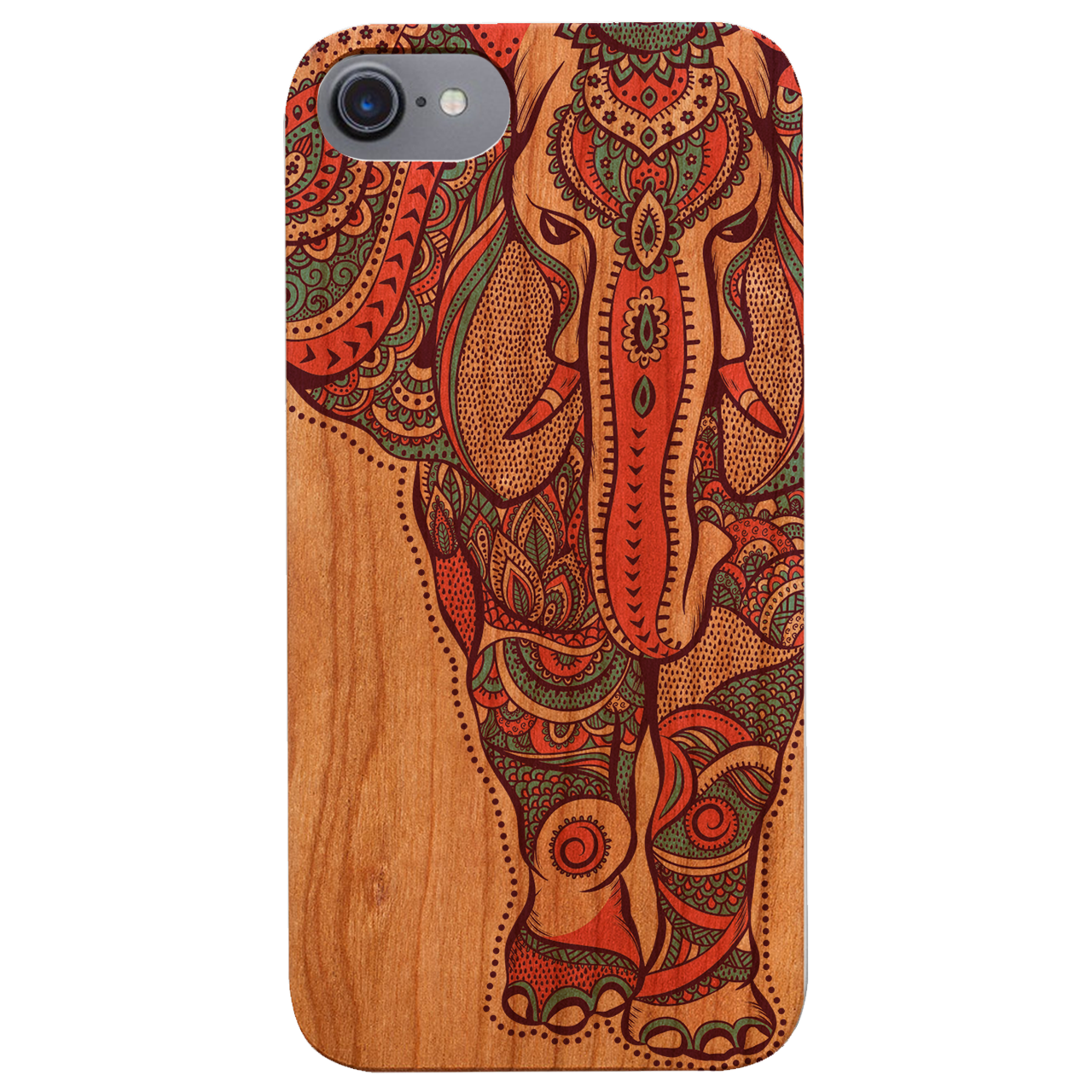 Elephant UV Color Printed phone case showcasing vibrant designs on a natural wood surface with enhanced rubber bumper.