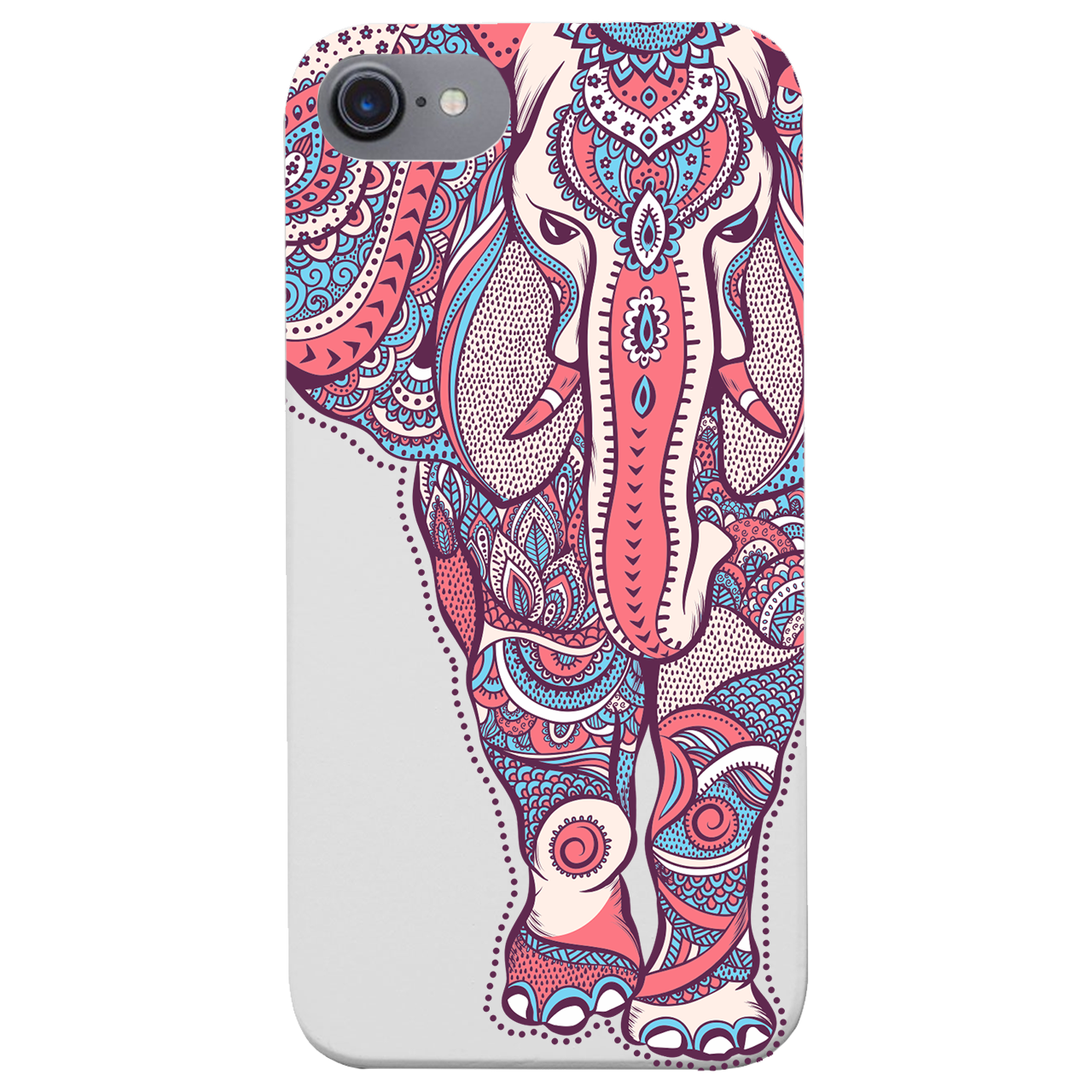 Elephant UV Color Printed phone case showcasing vibrant designs on a natural wood surface with enhanced rubber bumper.