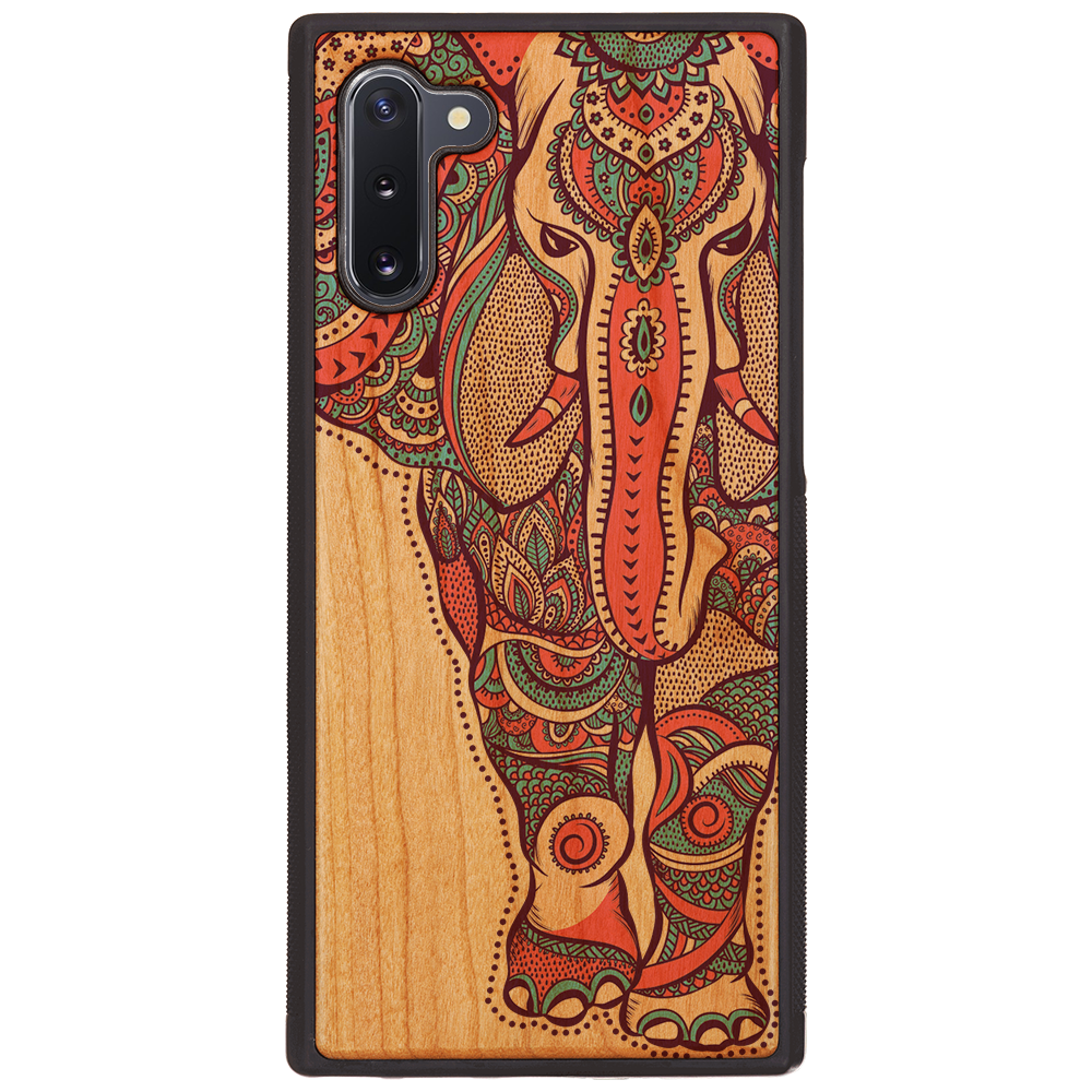 Elephant UV Color Printed phone case showcasing vibrant designs on a natural wood surface with enhanced rubber bumper.