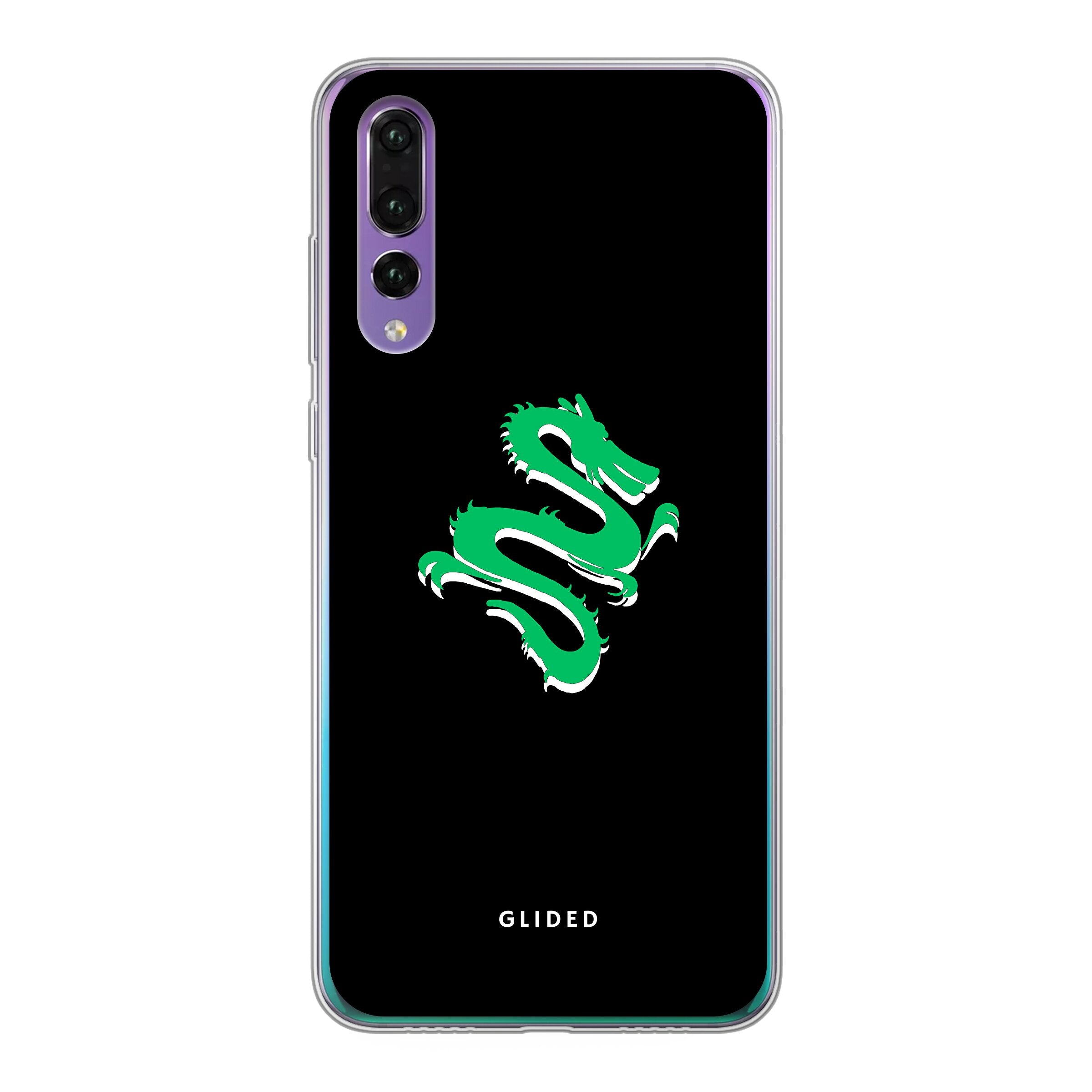Die 'Emerald Dragon' Handyhülle für Huawei P30 mit einem majestätischen grünen Drachen-Design, das Schutz und Stil vereint.