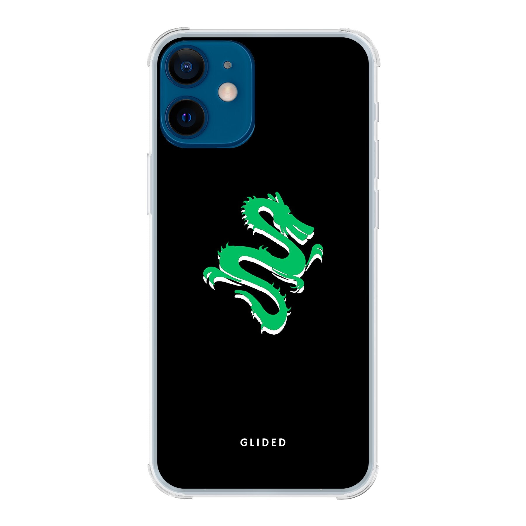 Die 'Emerald Dragon' Handyhülle für iPhone 12 mini zeigt einen majestätischen grünen Drachen auf einem stilvollen Hintergrund, idealer Schutz und Design.