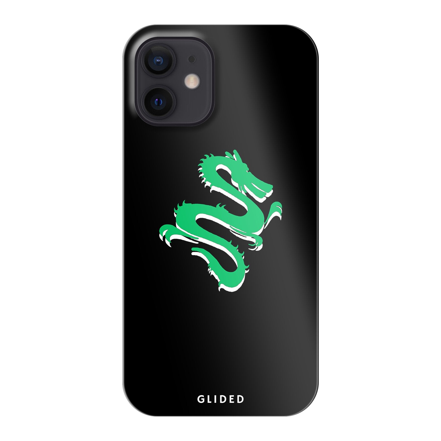 Die 'Emerald Dragon' Handyhülle für iPhone 12 mini zeigt einen majestätischen grünen Drachen auf einem stilvollen Hintergrund, idealer Schutz und Design.