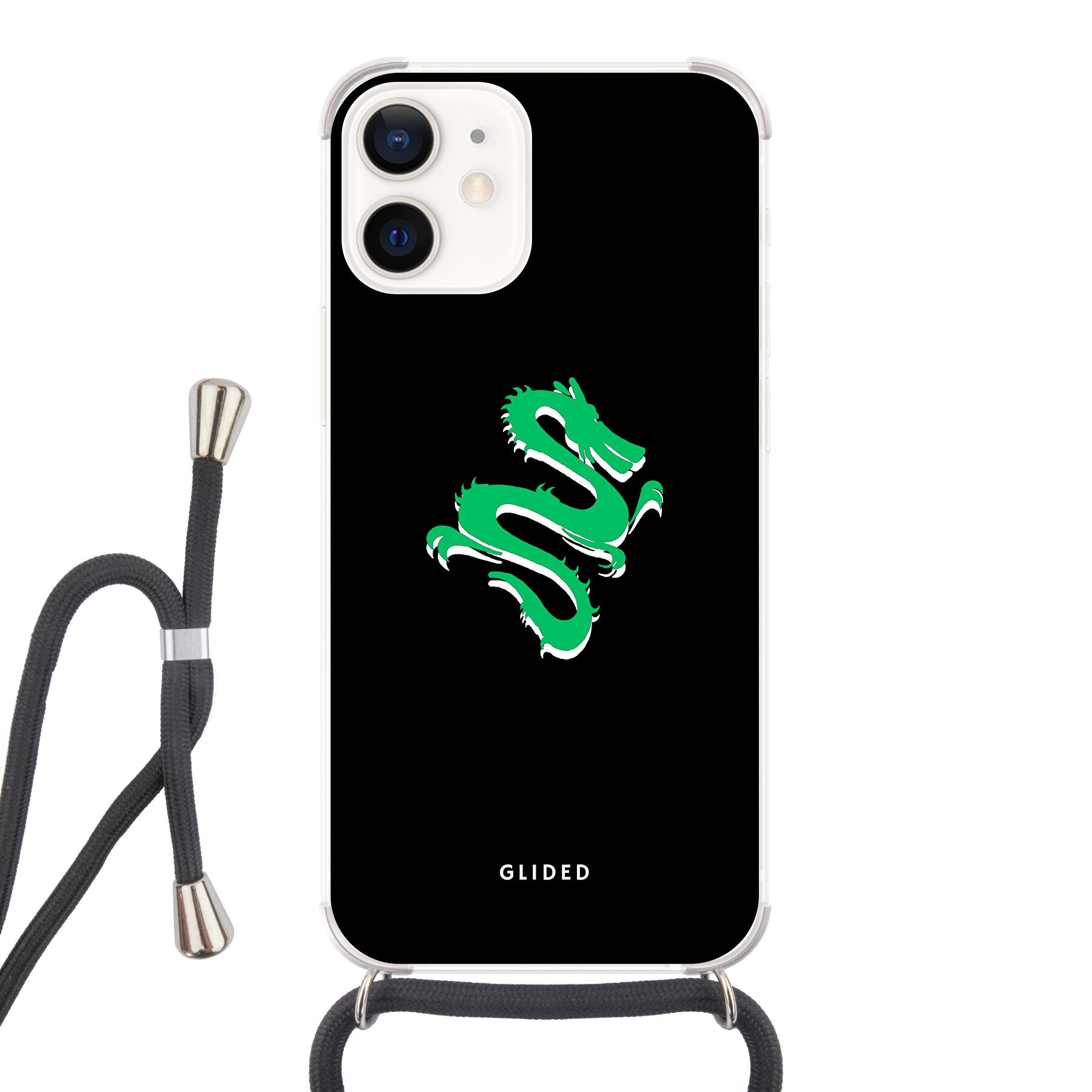 Die 'Emerald Dragon' Handyhülle für iPhone 12 mini zeigt einen majestätischen grünen Drachen auf einem stilvollen Hintergrund, idealer Schutz und Design.
