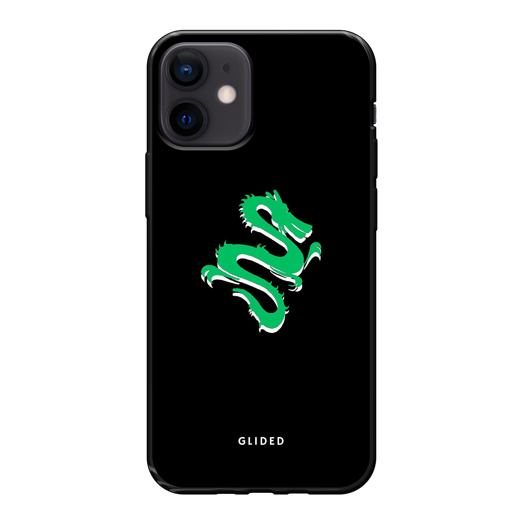 Die 'Emerald Dragon' Handyhülle für iPhone 12 mini zeigt einen majestätischen grünen Drachen auf einem stilvollen Hintergrund, idealer Schutz und Design.