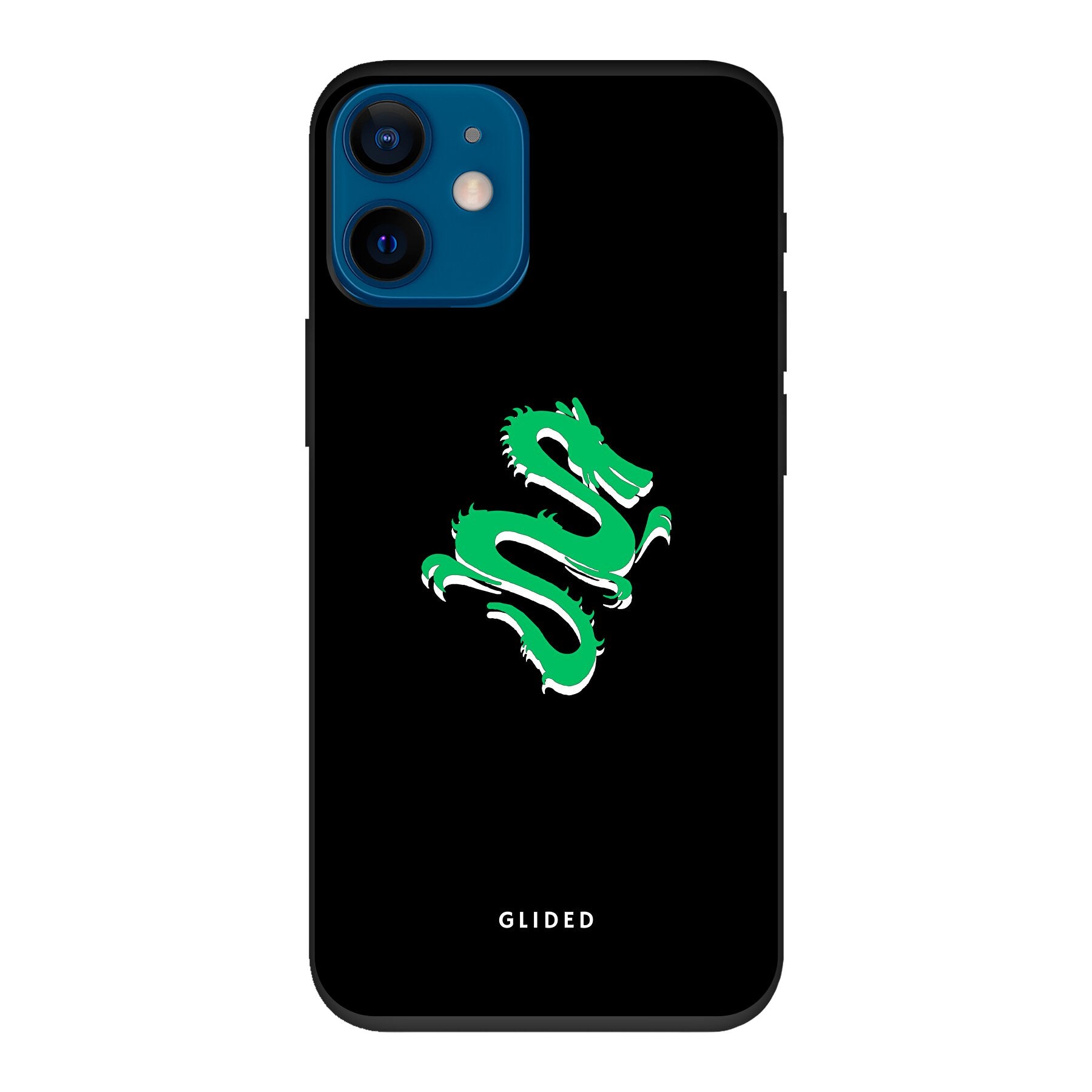 Die 'Emerald Dragon' Handyhülle für iPhone 12 mini zeigt einen majestätischen grünen Drachen auf einem stilvollen Hintergrund, idealer Schutz und Design.