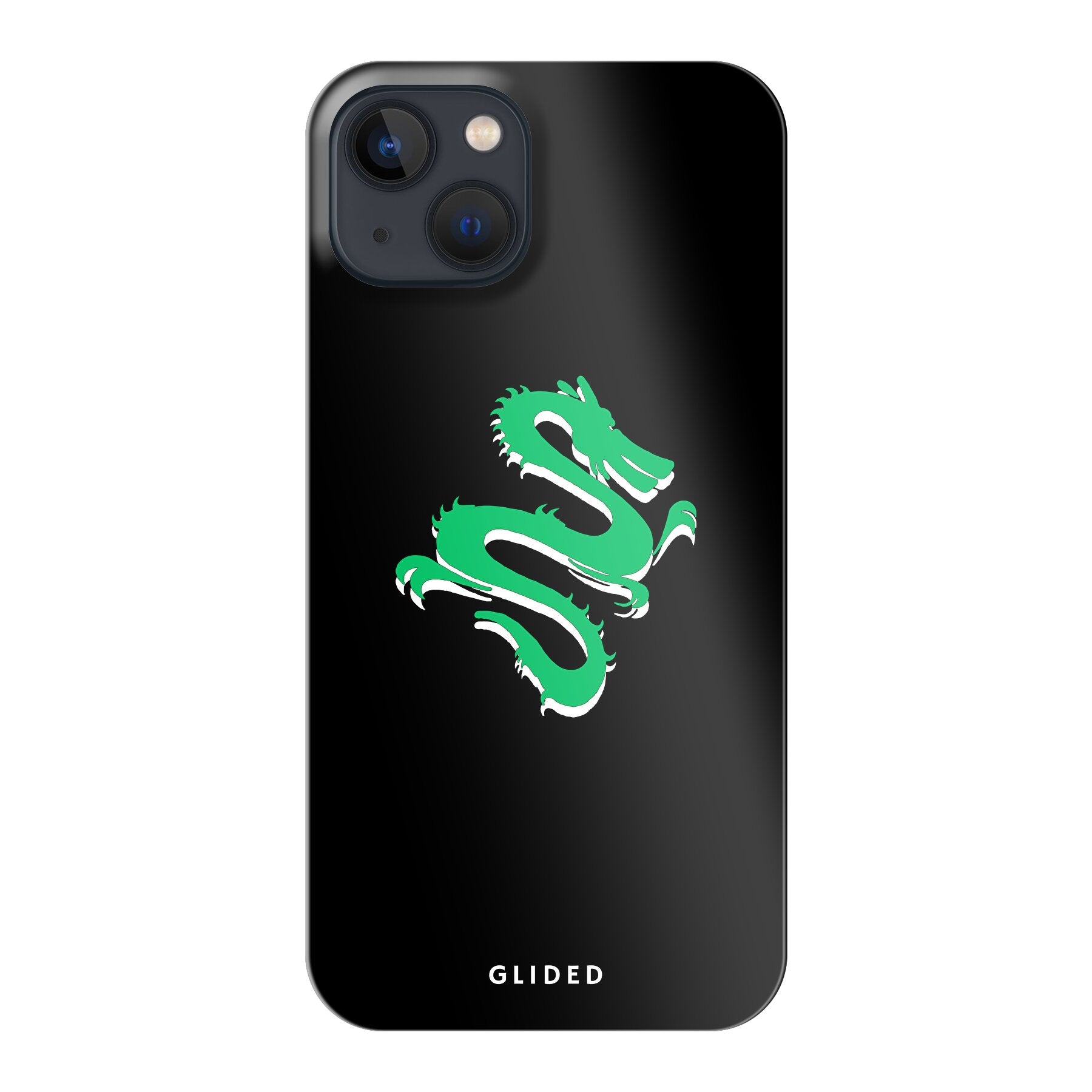 Die 'Emerald Dragon' Handyhülle für iPhone 13 mit majestätischem grünem Drachen-Design, das Stärke und Mystik verkörpert.