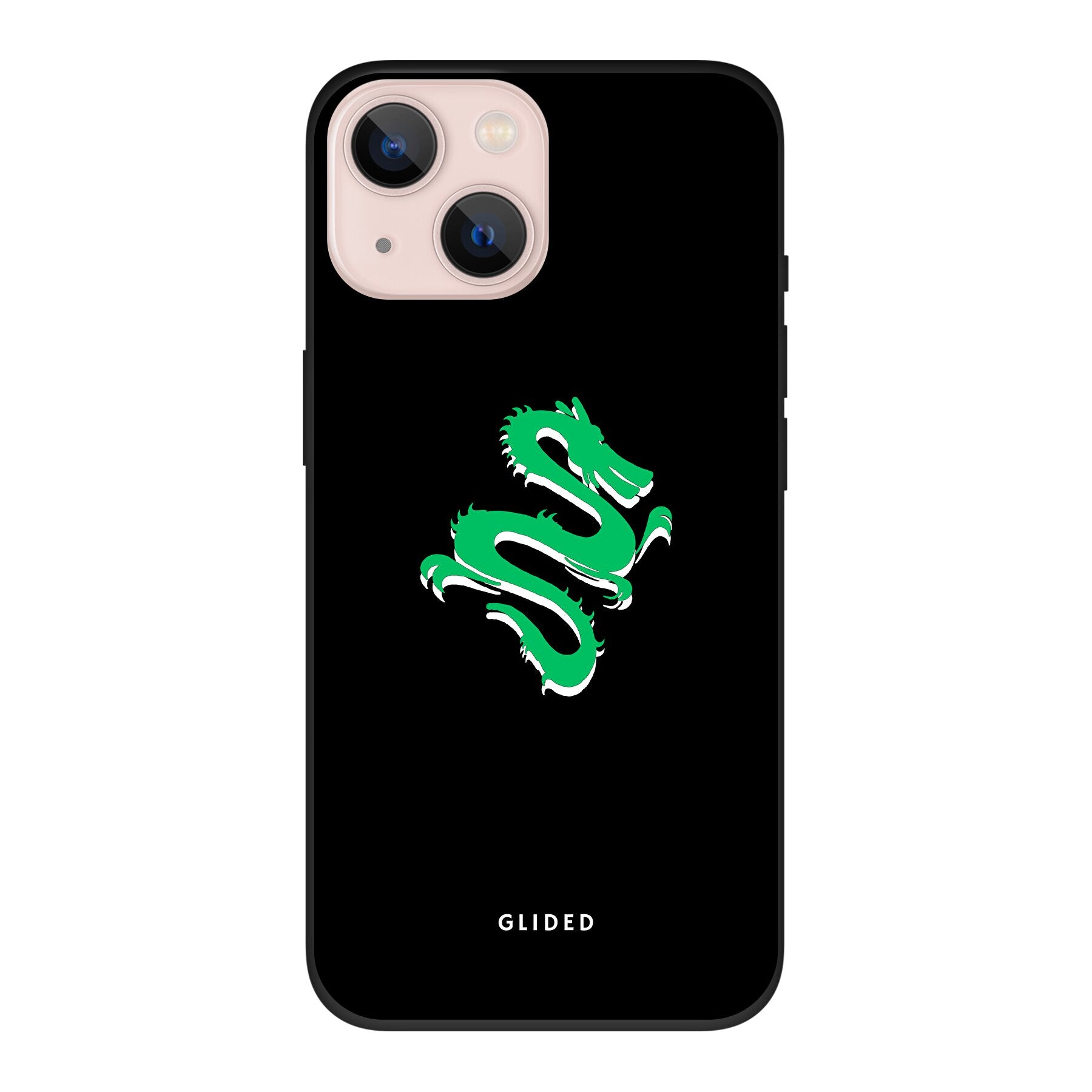 Die 'Emerald Dragon' Handyhülle für iPhone 13 mit majestätischem grünem Drachen-Design, das Stärke und Mystik verkörpert.