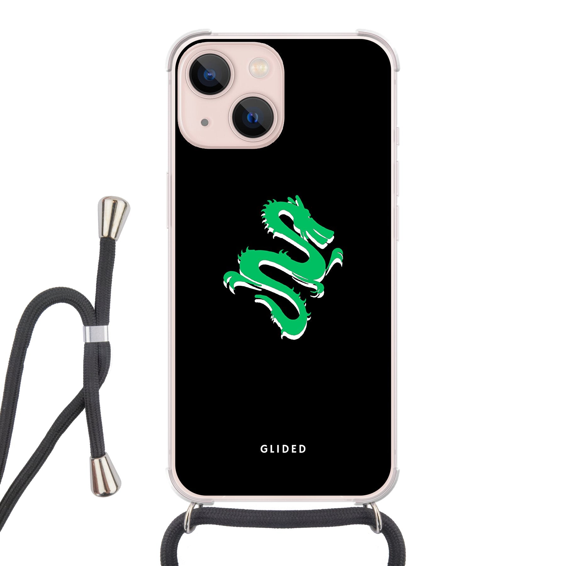 Die 'Emerald Dragon' Handyhülle für iPhone 13 mit majestätischem grünem Drachen-Design, das Stärke und Mystik verkörpert.