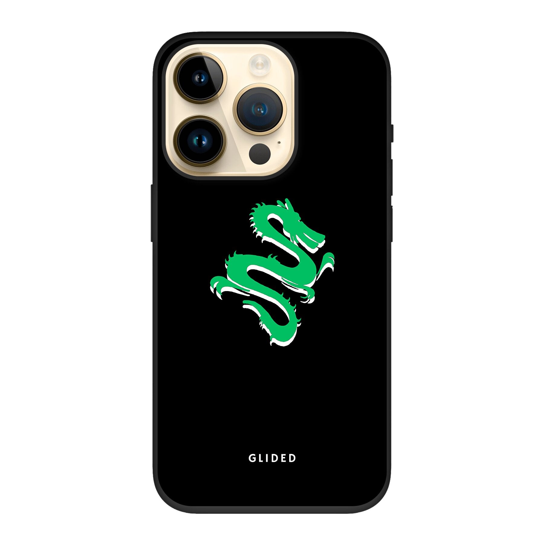 Die 'Emerald Dragon' Handyhülle für iPhone 14 Pro mit majestätischem grünem Drachen-Design, idealer Schutz und stilvolles Accessoire.