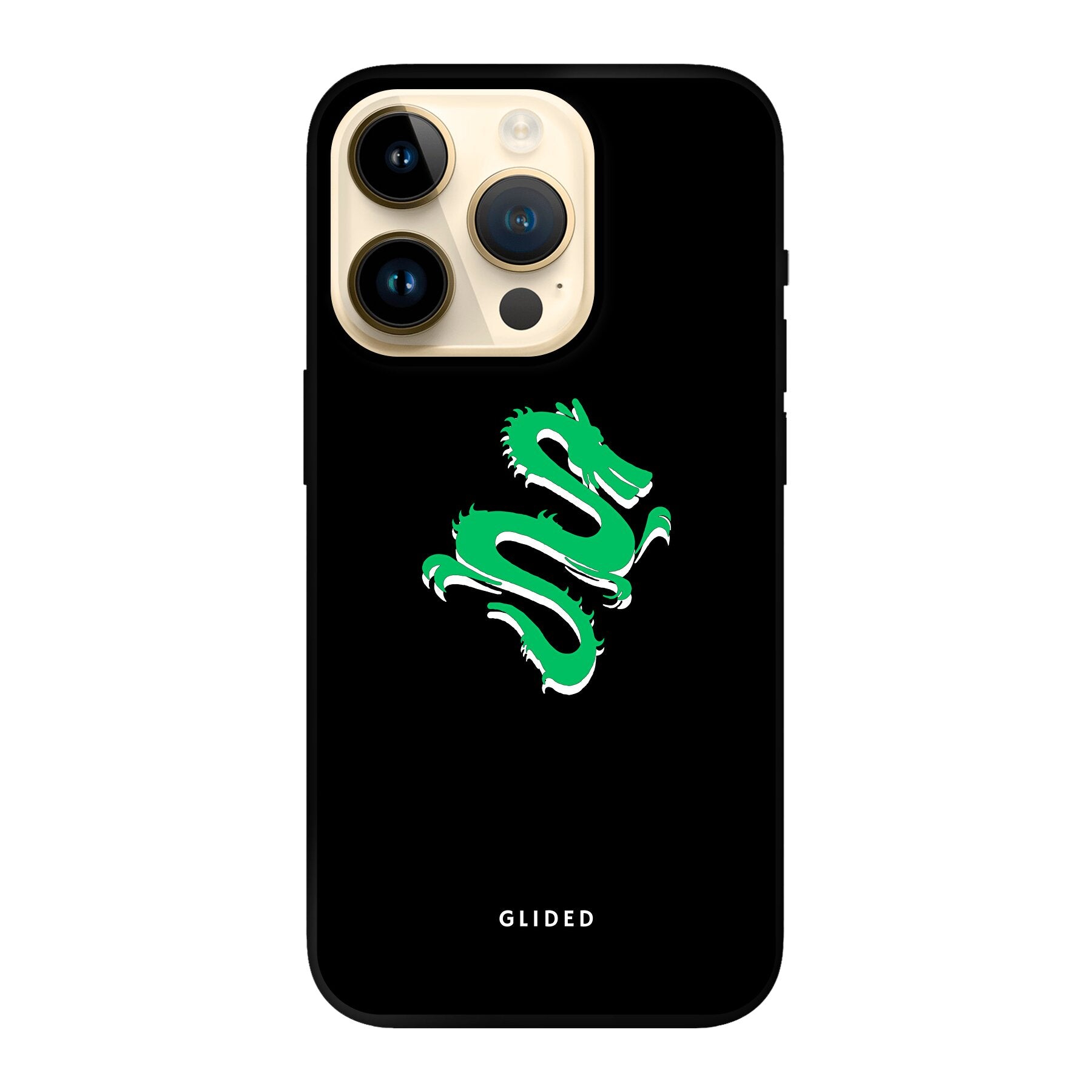 Die 'Emerald Dragon' Handyhülle für iPhone 14 Pro mit majestätischem grünem Drachen-Design, idealer Schutz und stilvolles Accessoire.