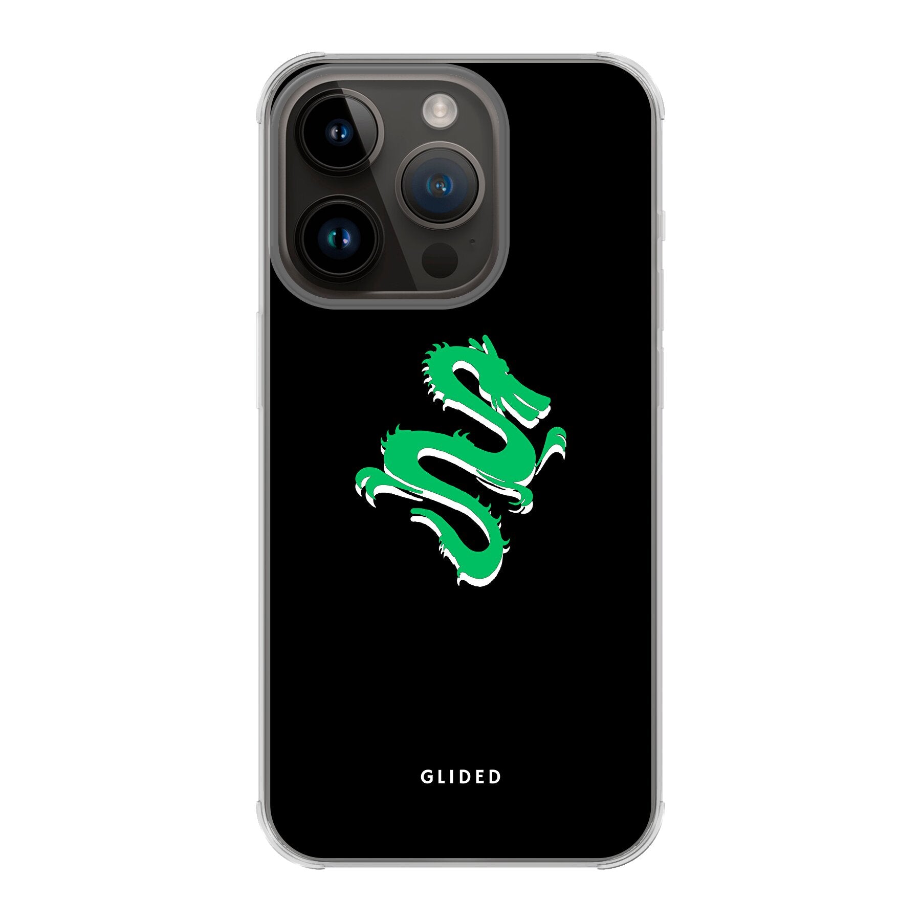 Die 'Emerald Dragon' Handyhülle für iPhone 14 Pro mit majestätischem grünem Drachen-Design, idealer Schutz und stilvolles Accessoire.