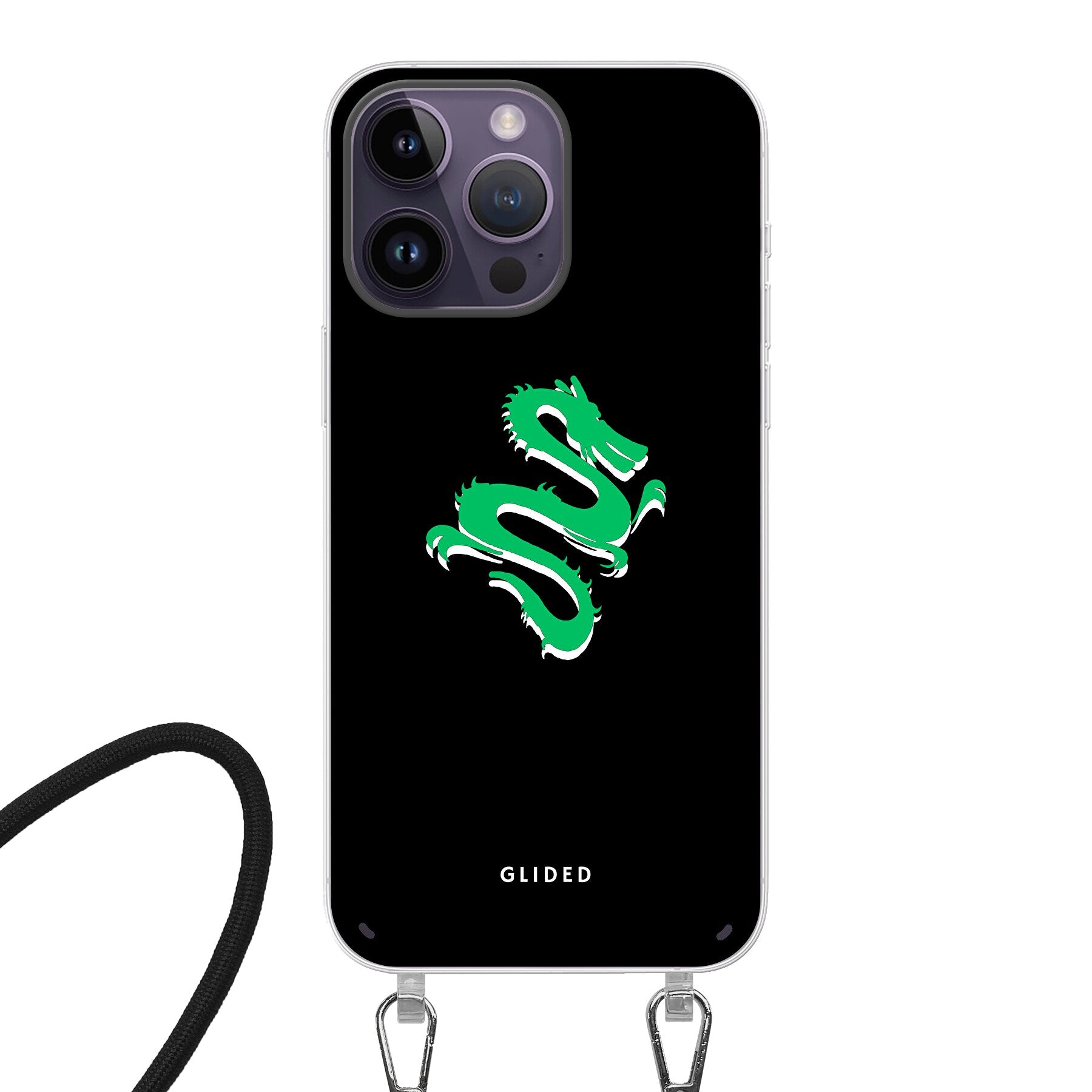 Die 'Emerald Dragon' Handyhülle für iPhone 14 Pro mit majestätischem grünem Drachen-Design, idealer Schutz und stilvolles Accessoire.