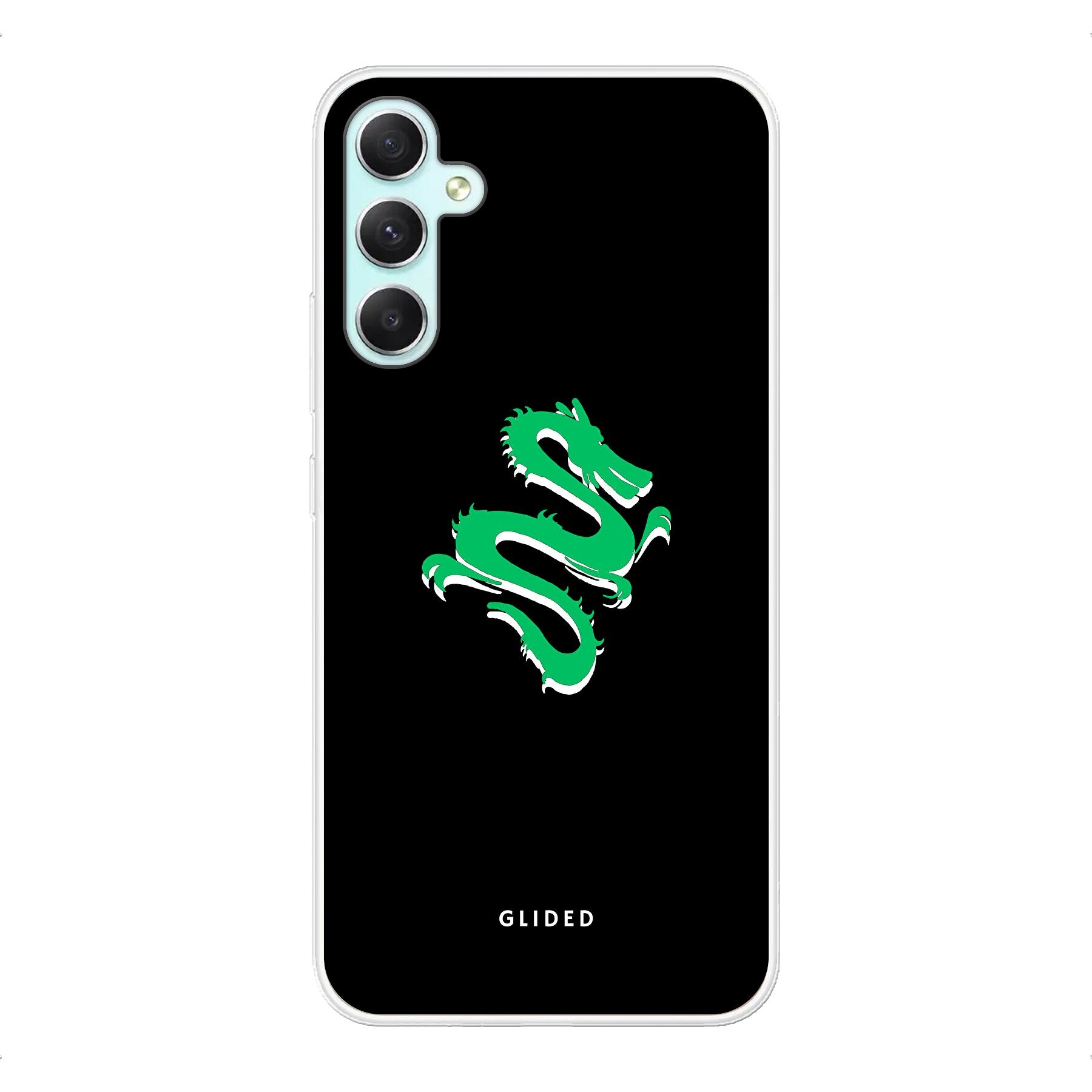 Die 'Emerald Dragon' Handyhülle für Samsung Galaxy A34 mit majestätischem grünem Drachen-Design, idealer Schutz und stilvolles Accessoire.