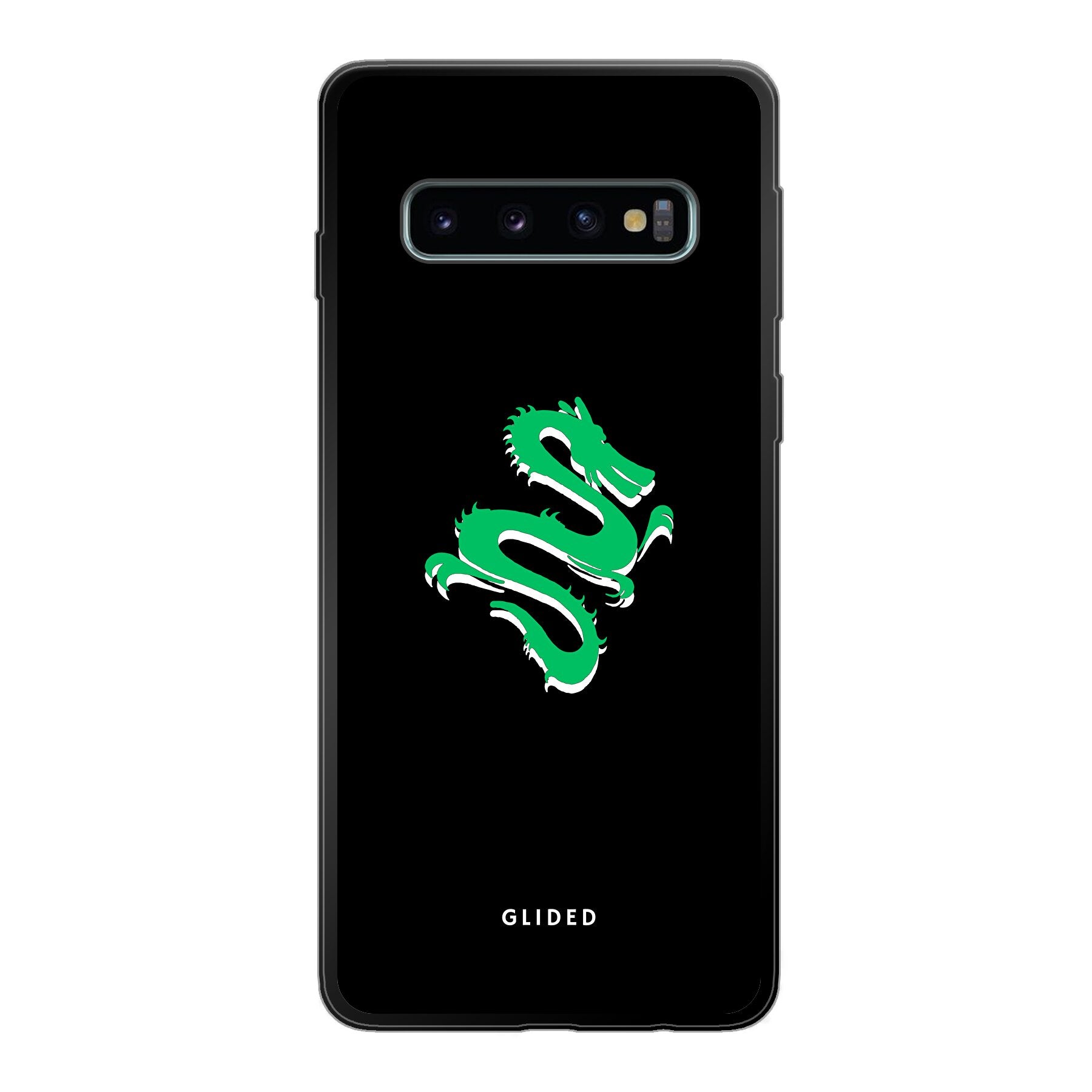 Emerald Dragon Handyhülle für Samsung Galaxy S10 mit majestätischem grünem Drachen-Design, idealer Schutz und stilvolle Ästhetik.