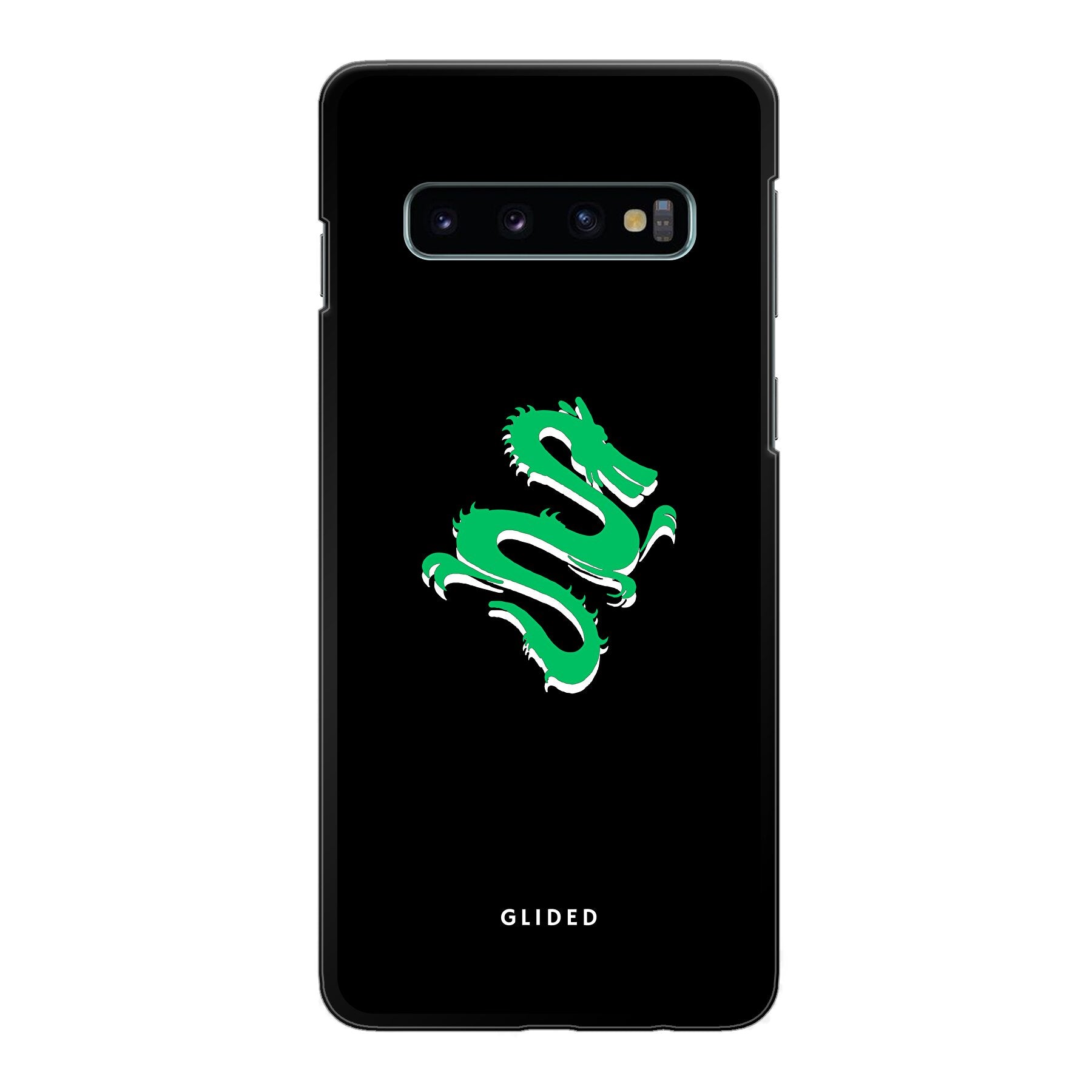 Emerald Dragon Handyhülle für Samsung Galaxy S10 mit majestätischem grünem Drachen-Design, idealer Schutz und stilvolle Ästhetik.