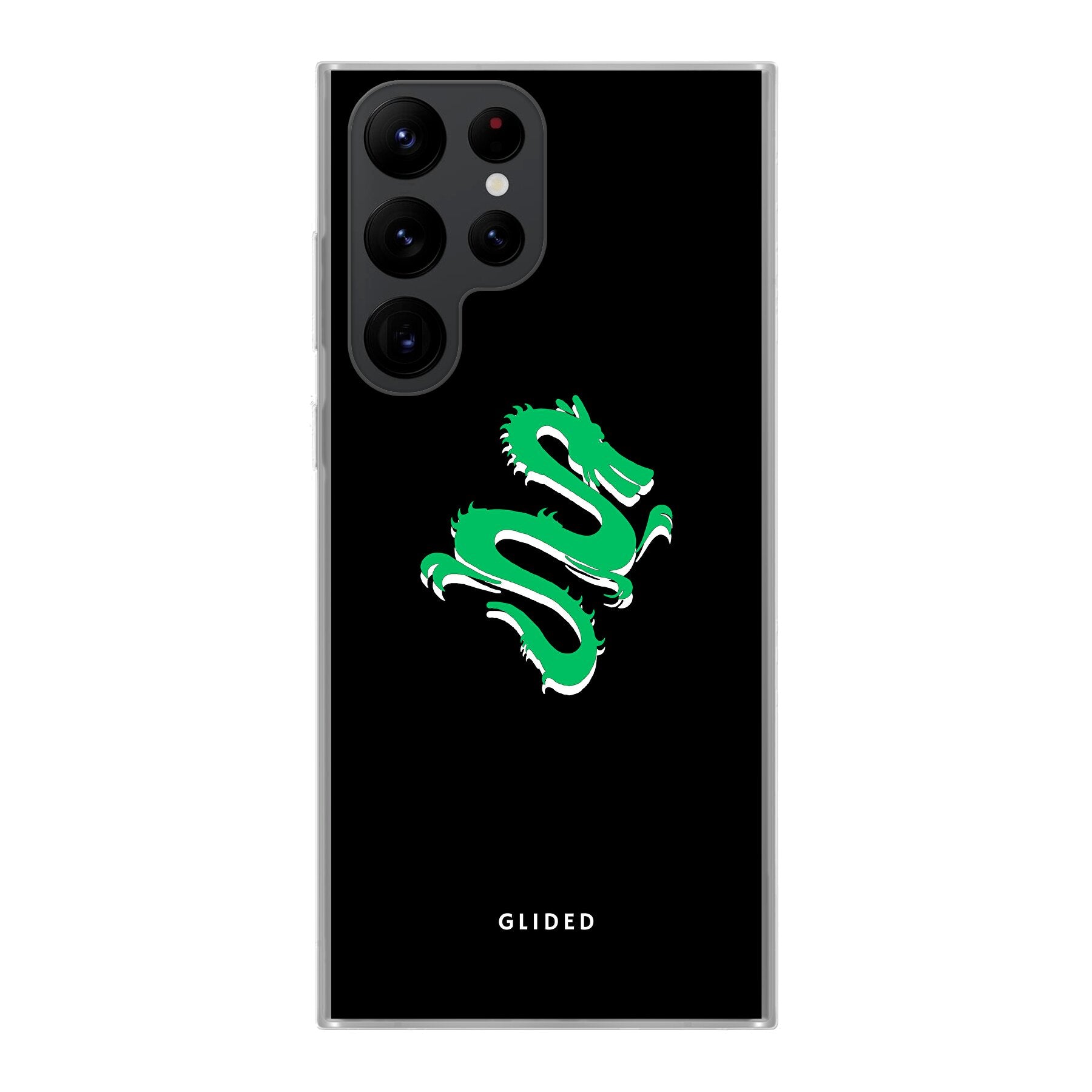 Emerald Dragon Handyhülle für Samsung Galaxy S22 Ultra mit majestätischem grünem Drachen-Design, idealer Schutz und stilvolle Ästhetik.