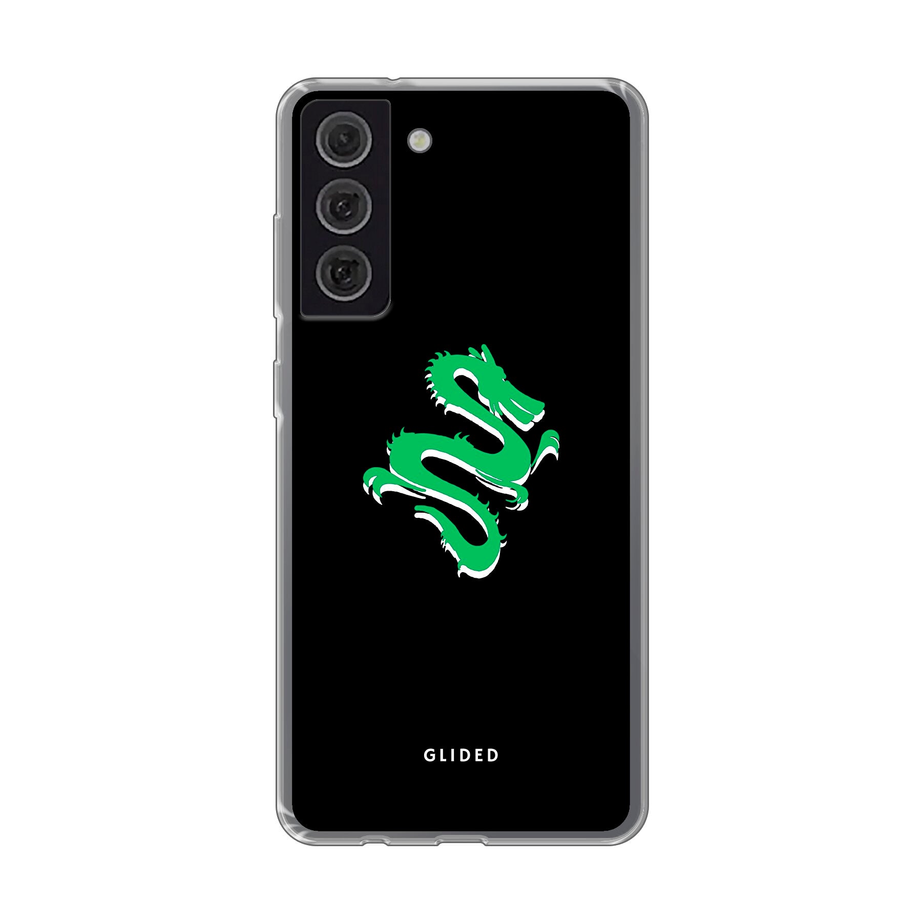 Emerald Dragon Handyhülle für Samsung Galaxy S21 FE mit majestätischem grünem Drachen-Design, idealer Schutz und stilvolles Accessoire.