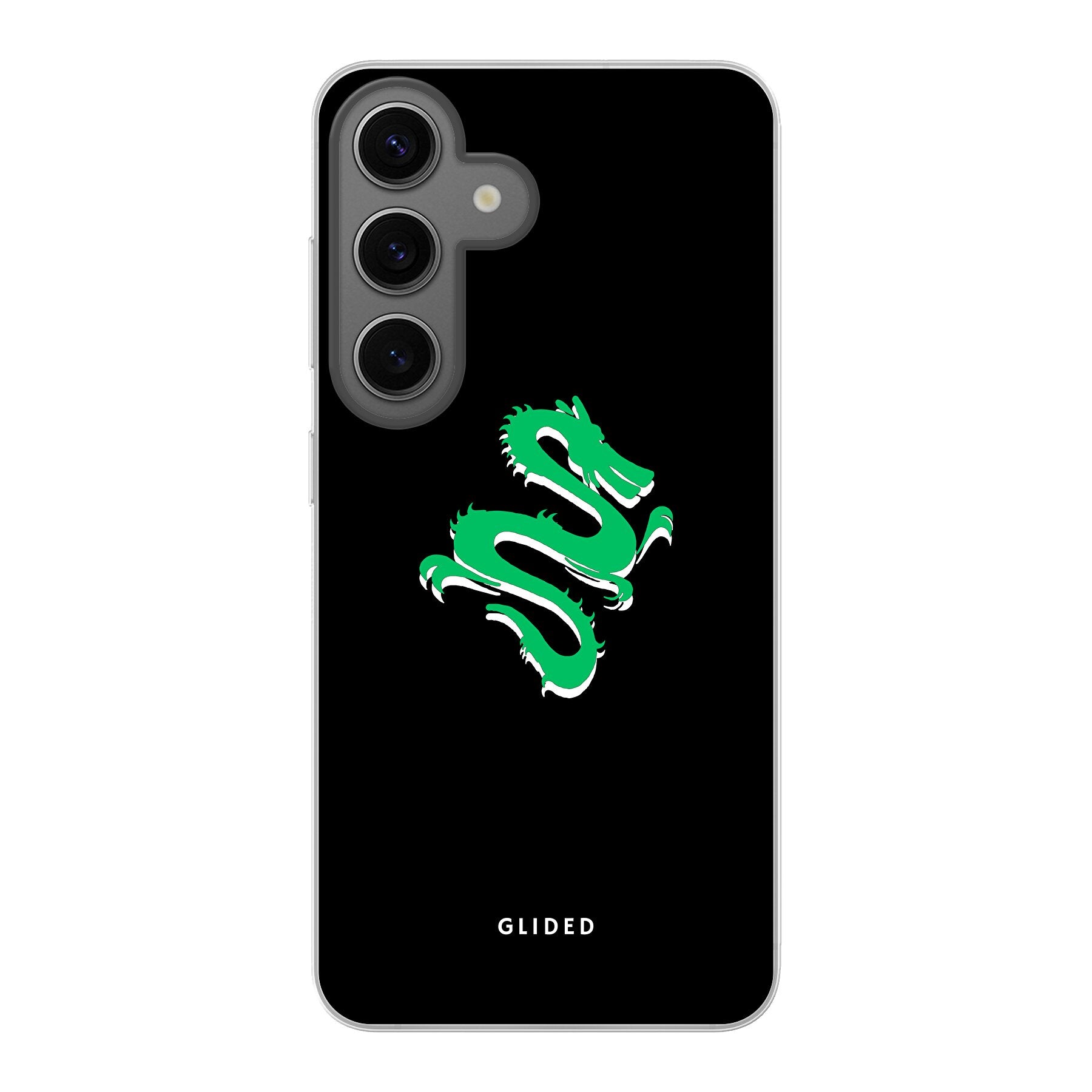 Emerald Dragon Handyhülle für Samsung Galaxy S24 mit majestätischem grünem Drachen-Design, idealer Schutz und stilvolles Accessoire.