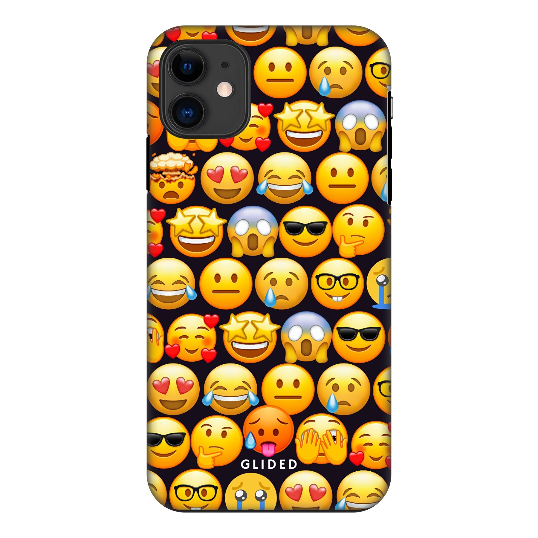 Bunte Emoji Town iPhone 11 Handyhülle mit verschiedenen Emojis, die Freude und Persönlichkeit ausstrahlen.