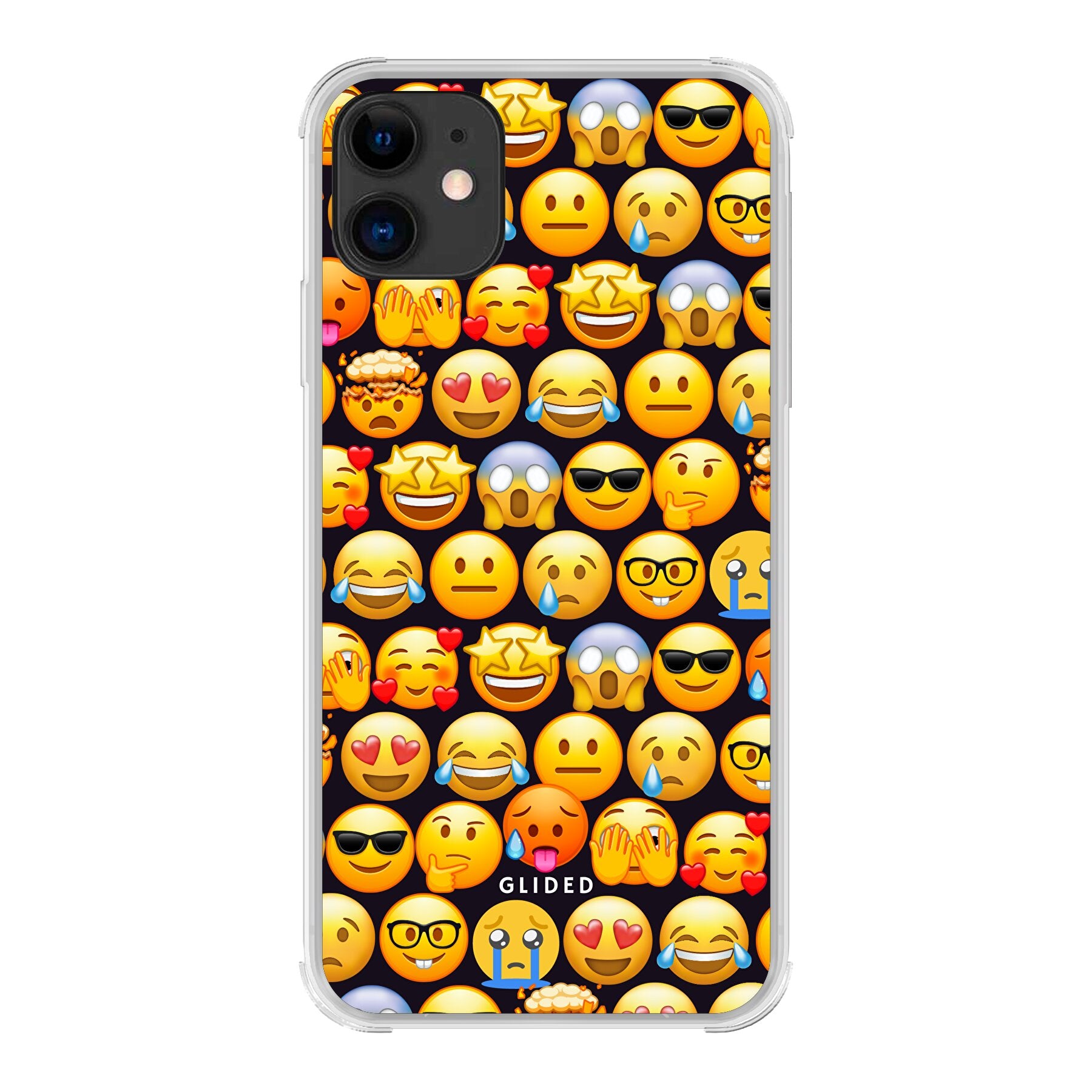 Bunte Emoji Town iPhone 11 Handyhülle mit verschiedenen Emojis, die Freude und Persönlichkeit ausstrahlen.