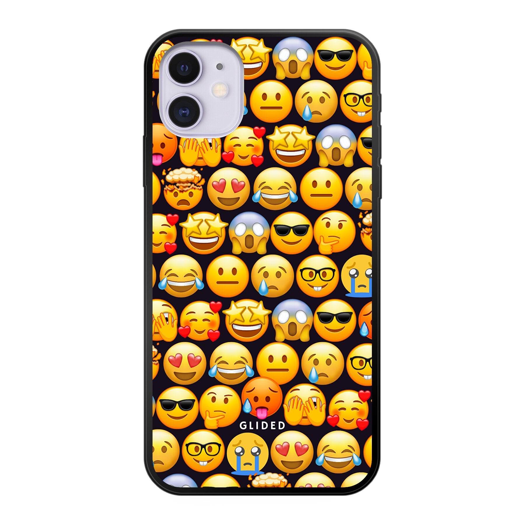 Bunte Emoji Town iPhone 11 Handyhülle mit verschiedenen Emojis, die Freude und Persönlichkeit ausstrahlen.